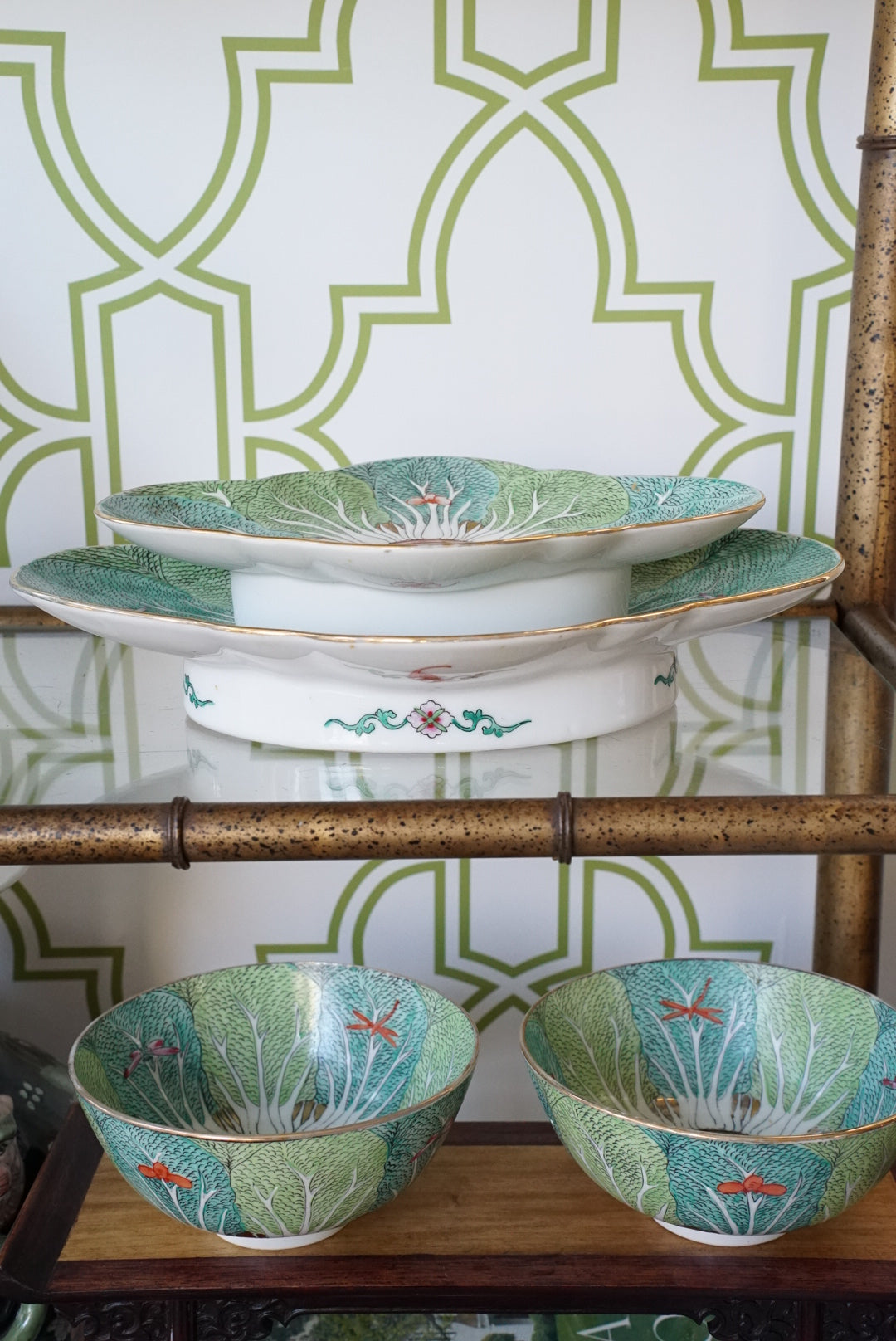 Vintage Famille Verte Bok Choy Quatrefoil Platter