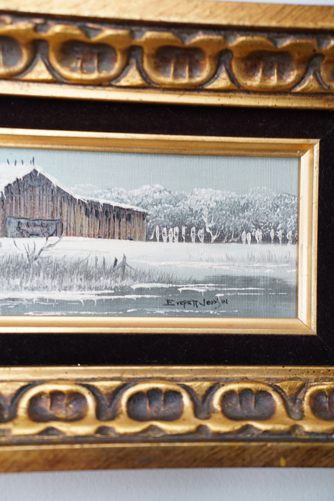 Oil on Board Winter Barn by Everette Woodson