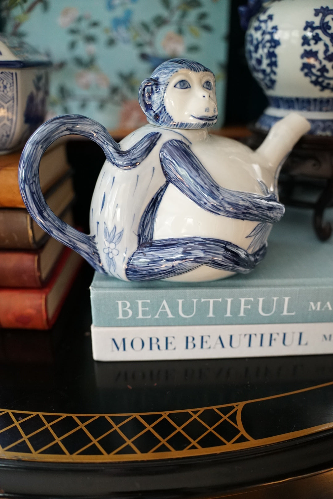Vintage Blue and White Monkey Tea Pot