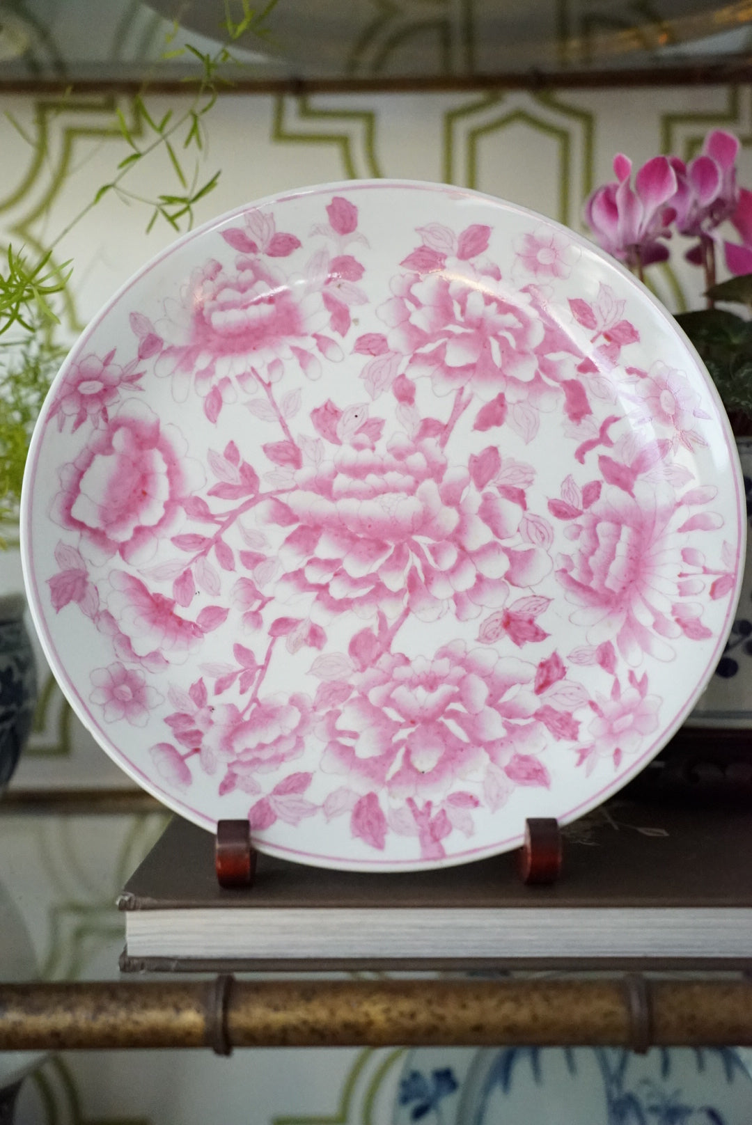 Vintage Pink and White Decorative Plate by Hua Rong Tang