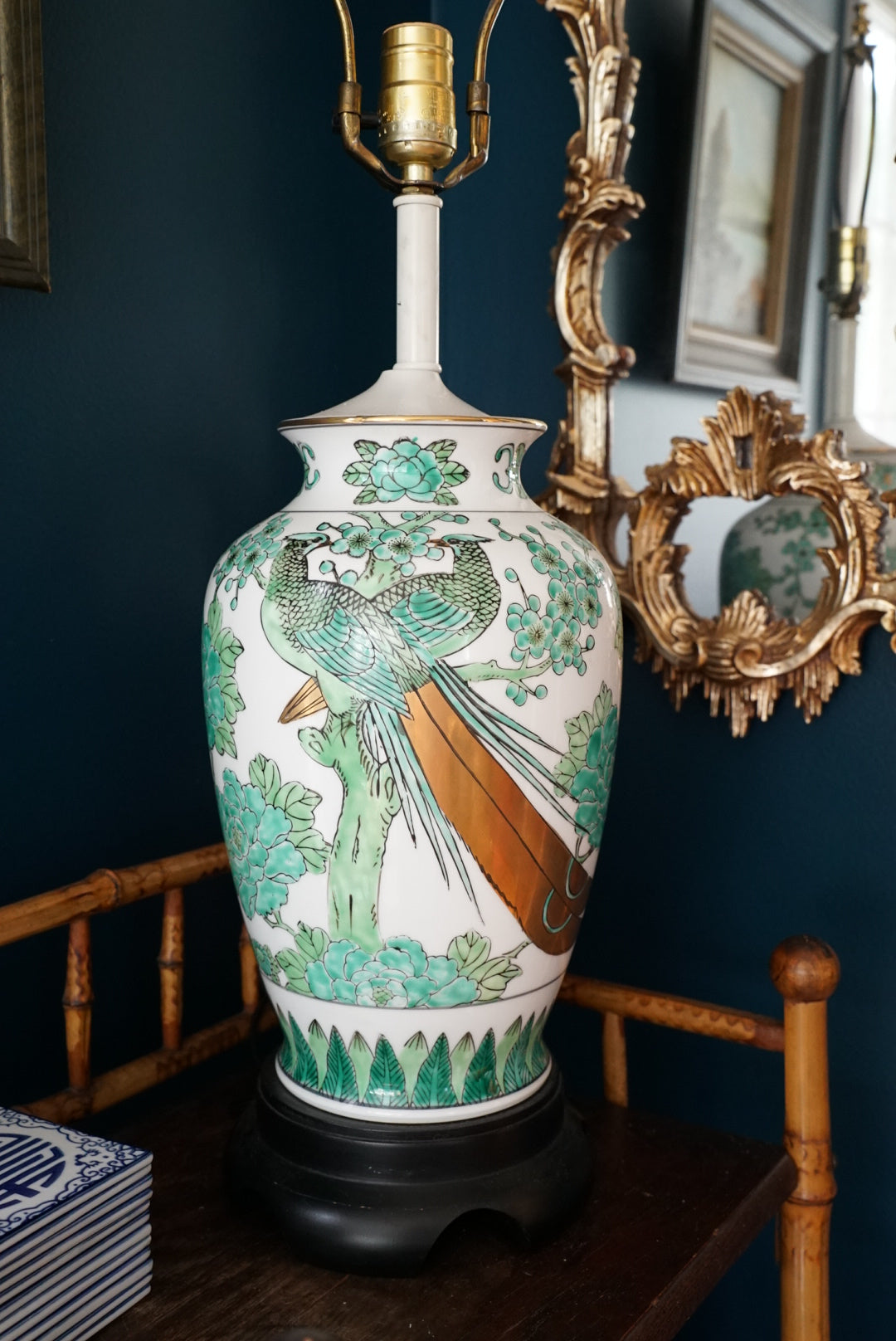 Large Green Gold Imari Lamp with Bell Shade