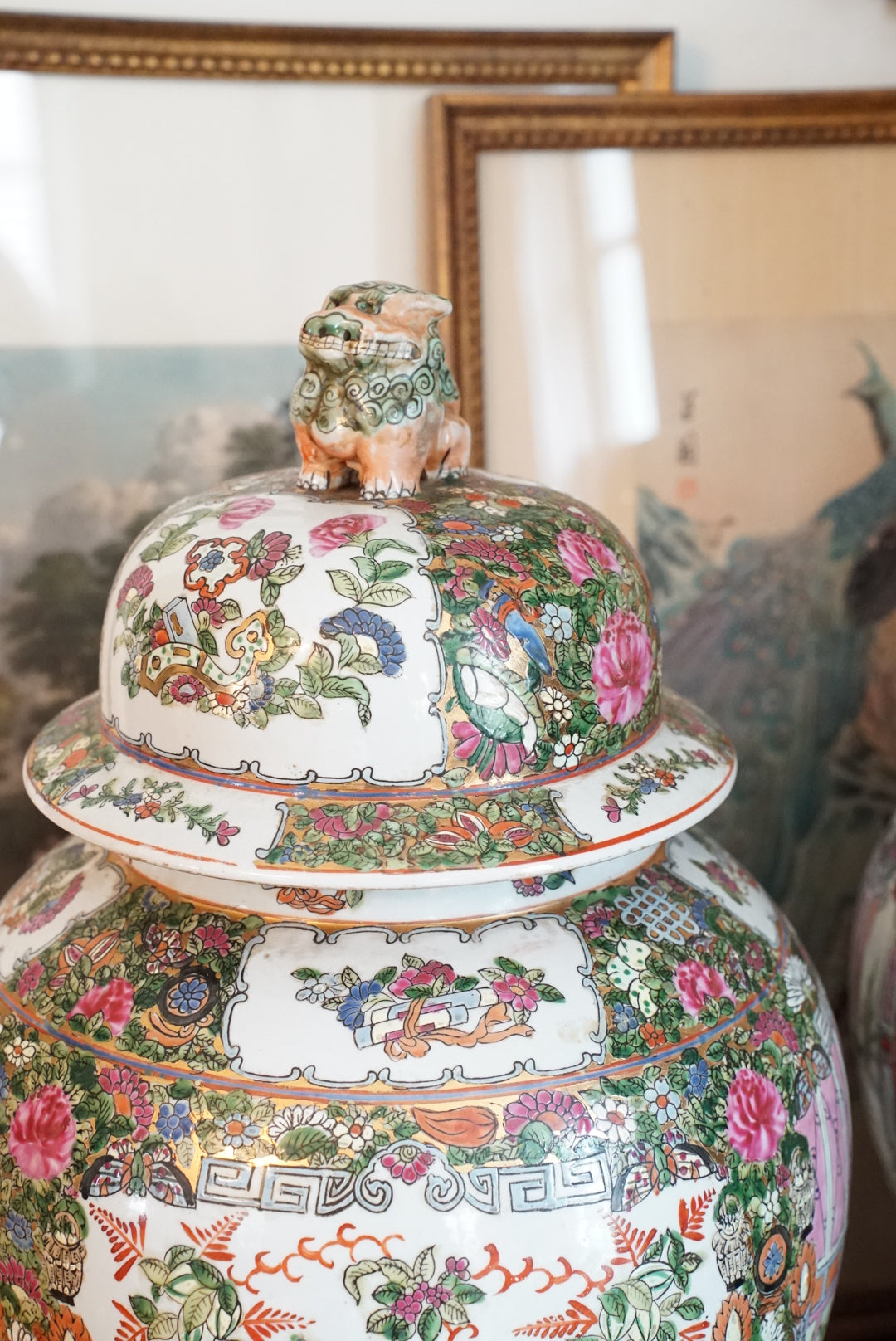 Pair of — XL Vintage Rose Medallion Temple Jar with Foo Dog Finial