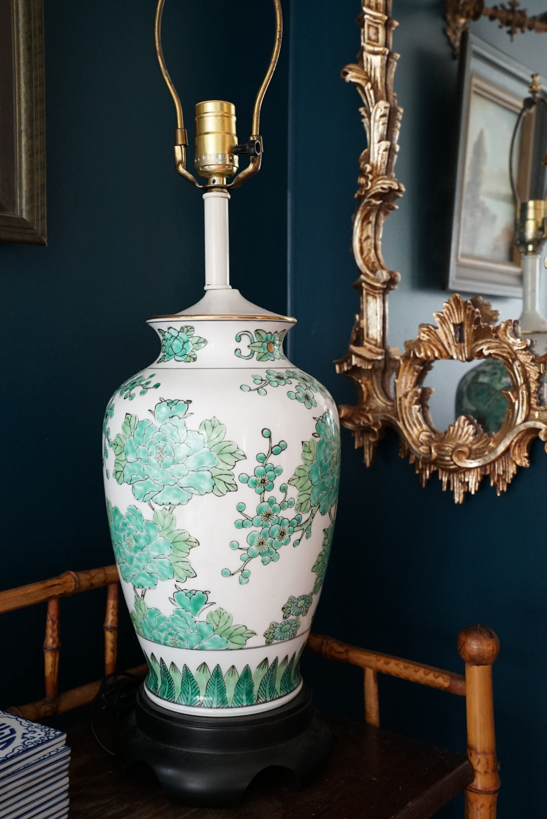 Large Green Gold Imari Lamp with Bell Shade