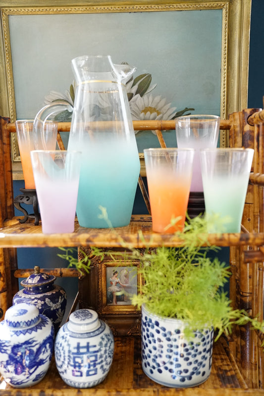 Set of 6 - Vintage Blendo Frosted Pitcher and Tumblers