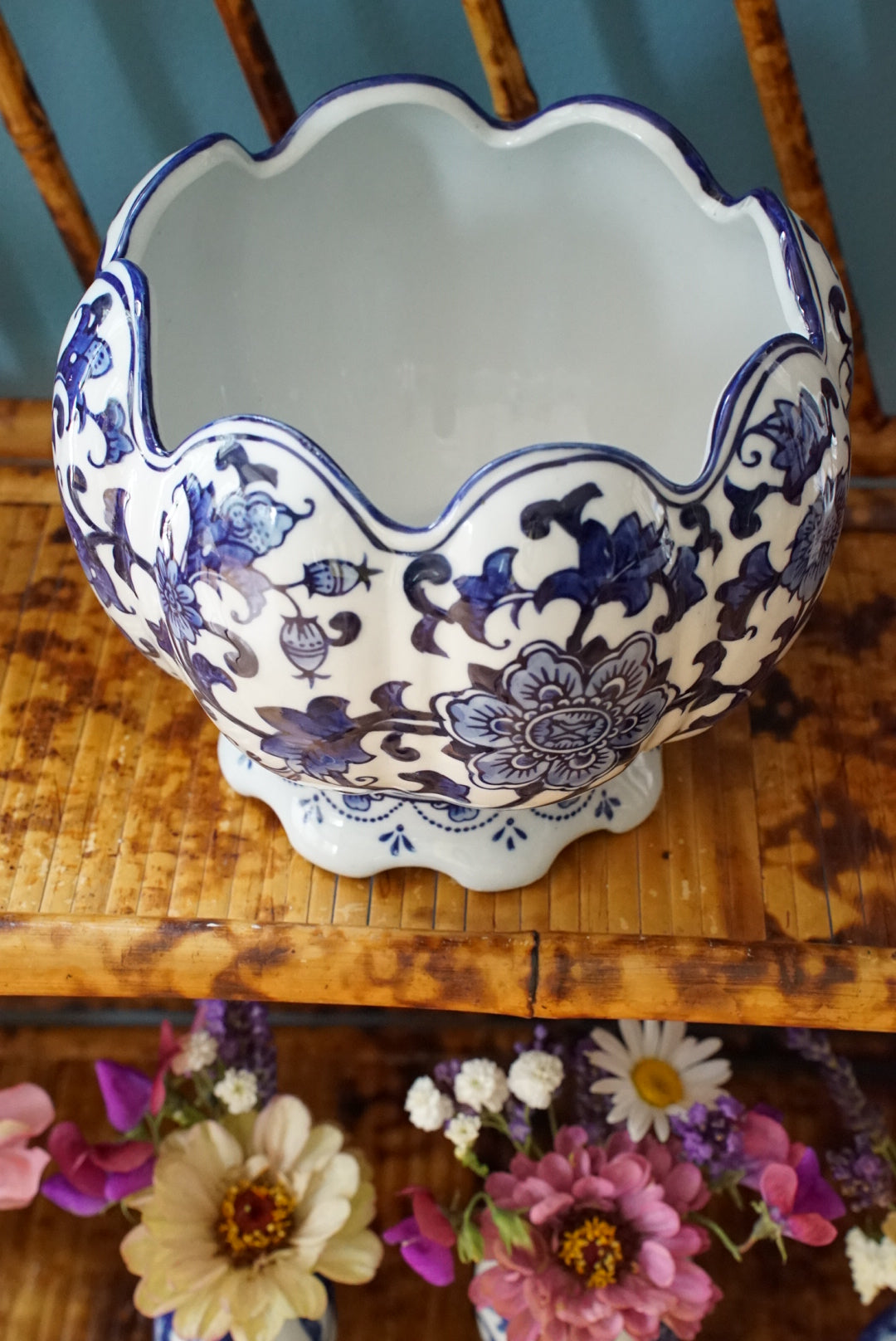 Vintage Scalloped Blue and White Cachepot