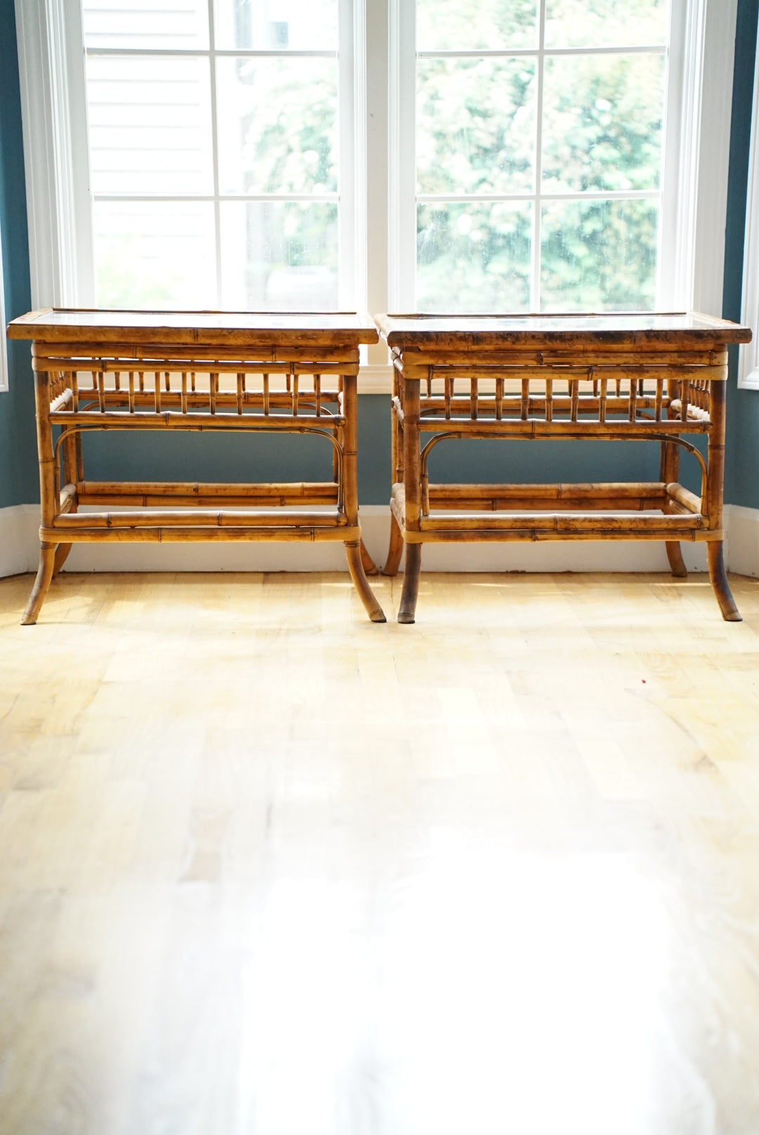 Vintage Tortoise Shell Burnt Bamboo Glass Side Table