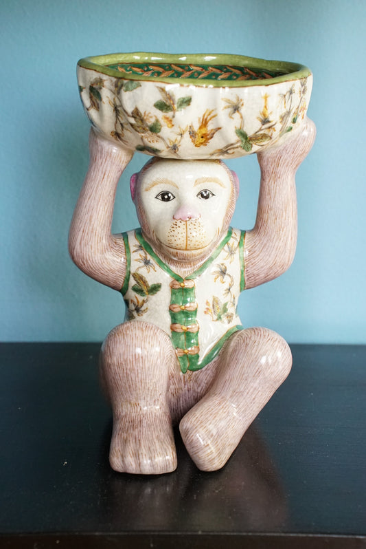 Vintage Chinoiserie Pink and Green Monkey Bowl