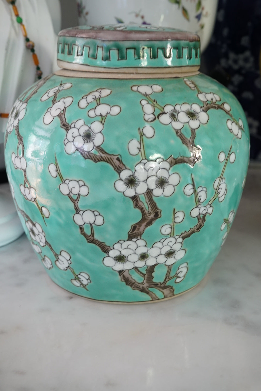 Large Turquoise Green Cherry Blossom Ginger Jar