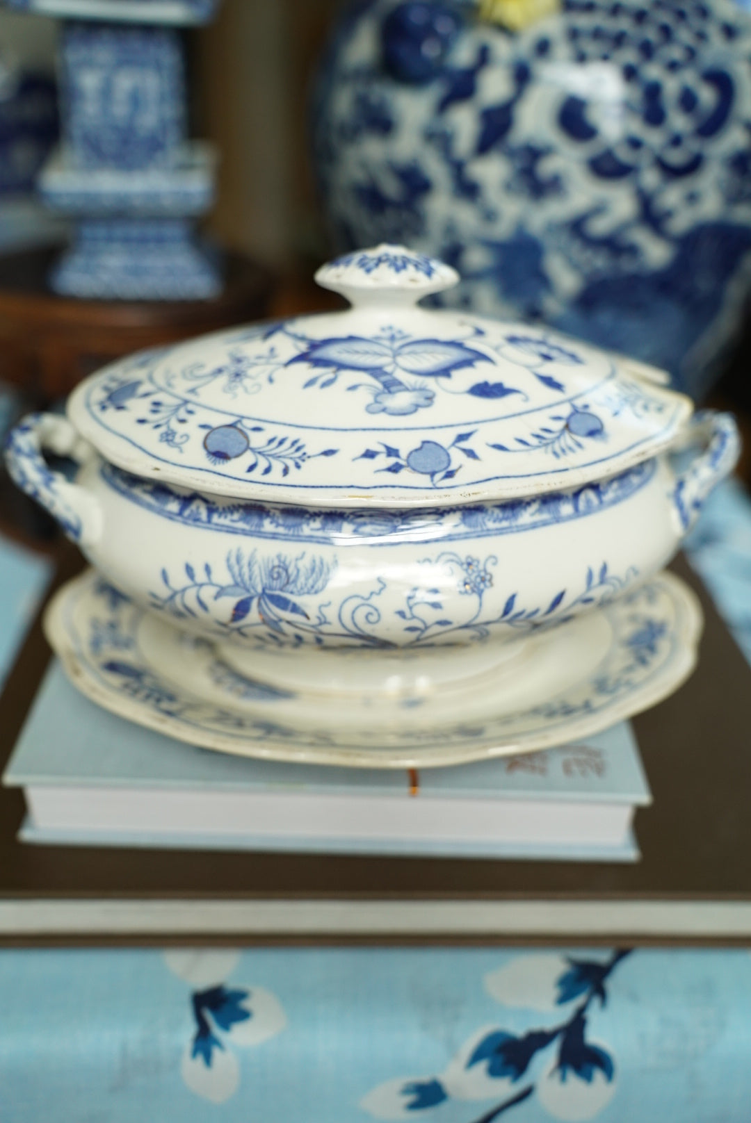 Antique Grimwades Carro Blue (Blue Onion)Tureen with Underplate