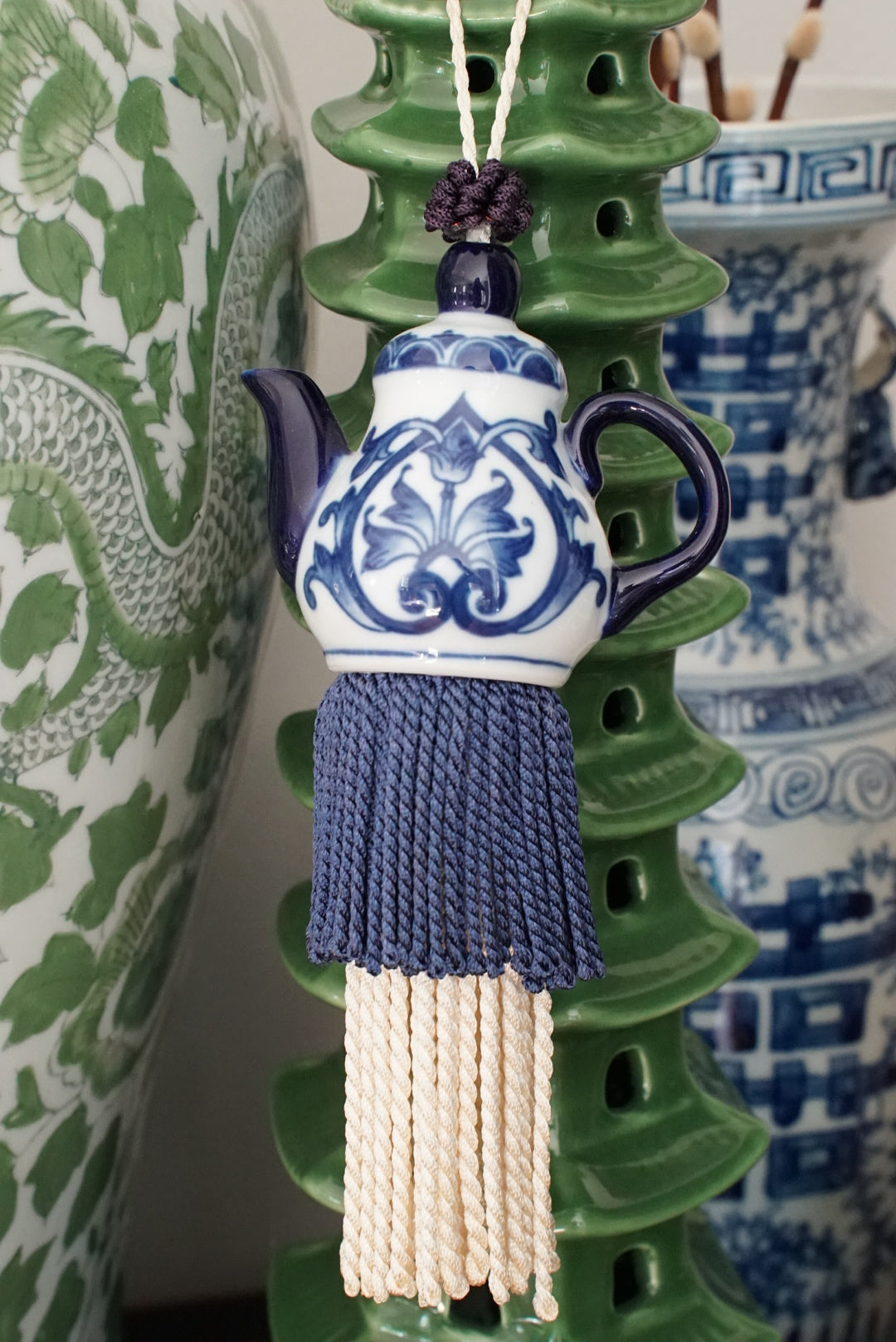 Vintage Blue and White Teapot Tassel