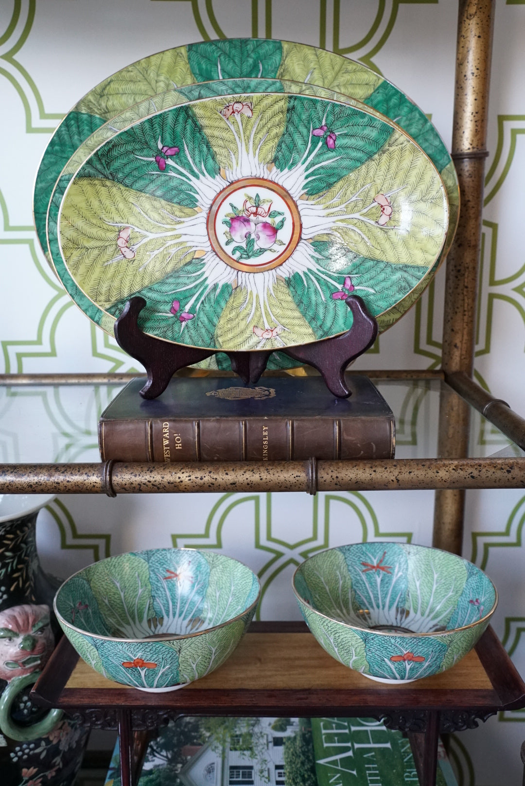 Vintage Famille Verte Bok Choy Oval Platter