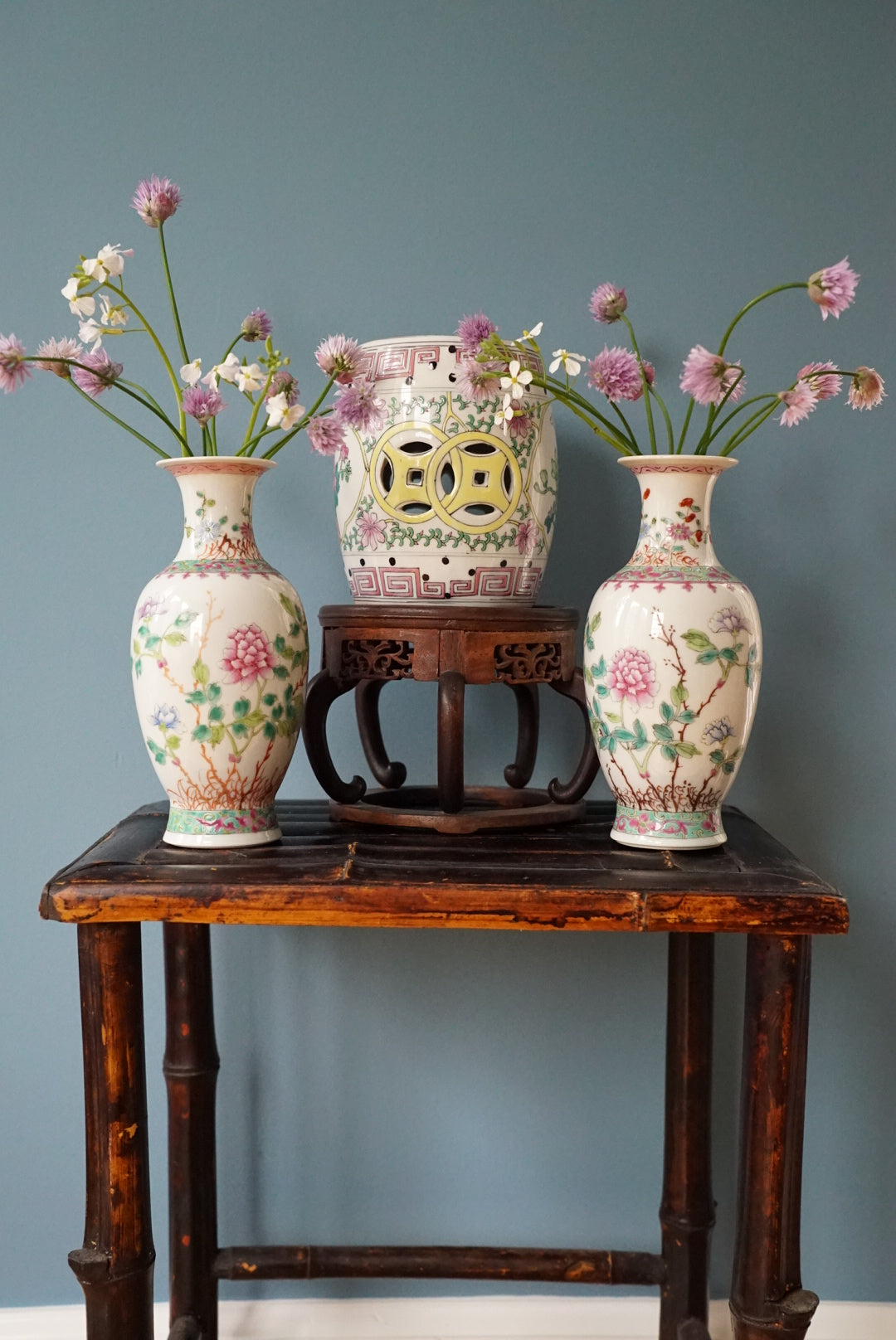 Famille Rose Trio — Pair of Antique Vases and a Vintage Garden Stool