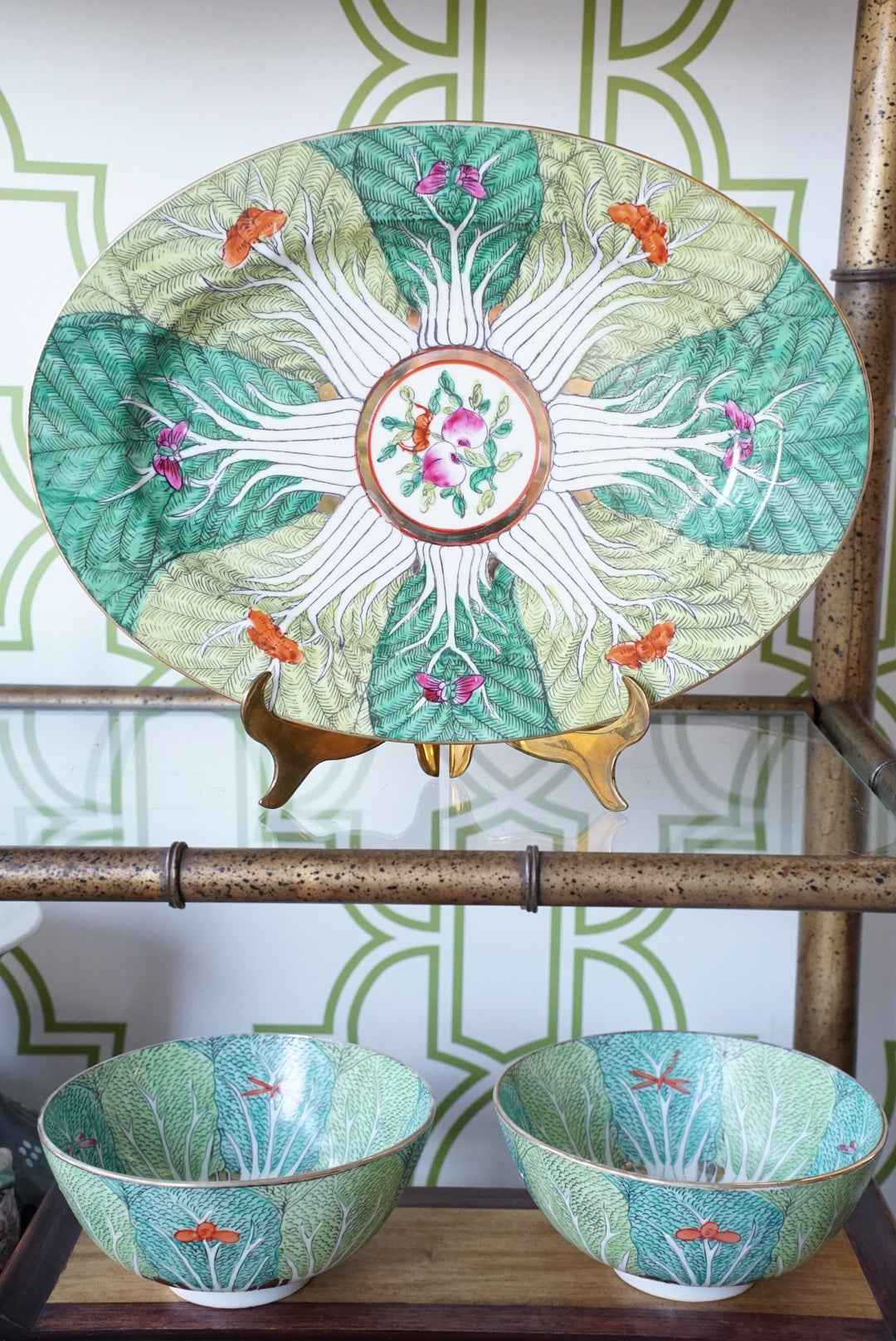 Vintage Famille Verte Bok Choy Oval Platter