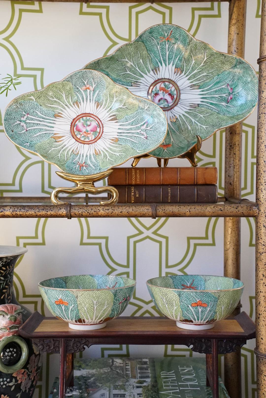 Vintage Famille Verte Bok Choy Quatrefoil Platter