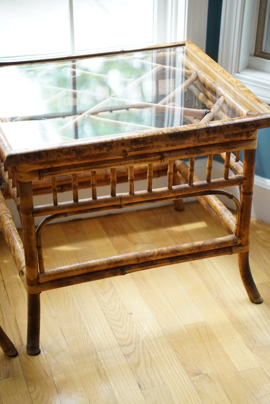 Vintage Tortoise Shell Burnt Bamboo Glass Side Table