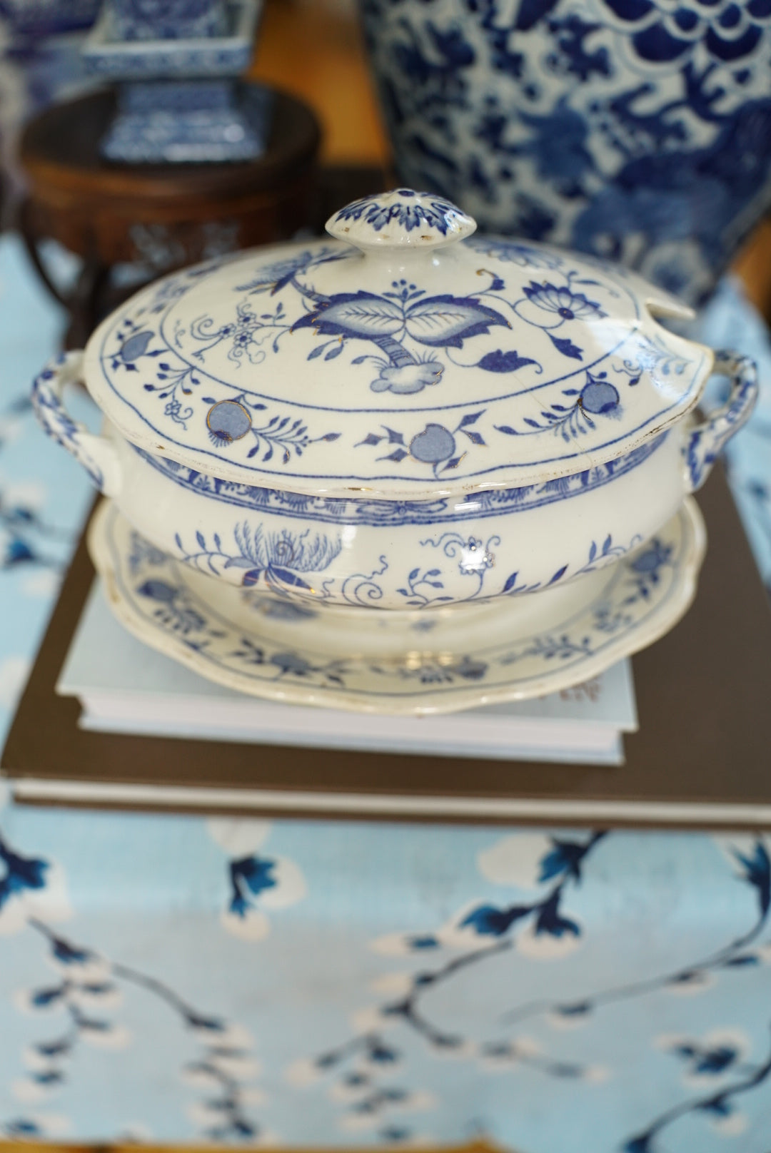 Antique Grimwades Carro Blue (Blue Onion)Tureen with Underplate