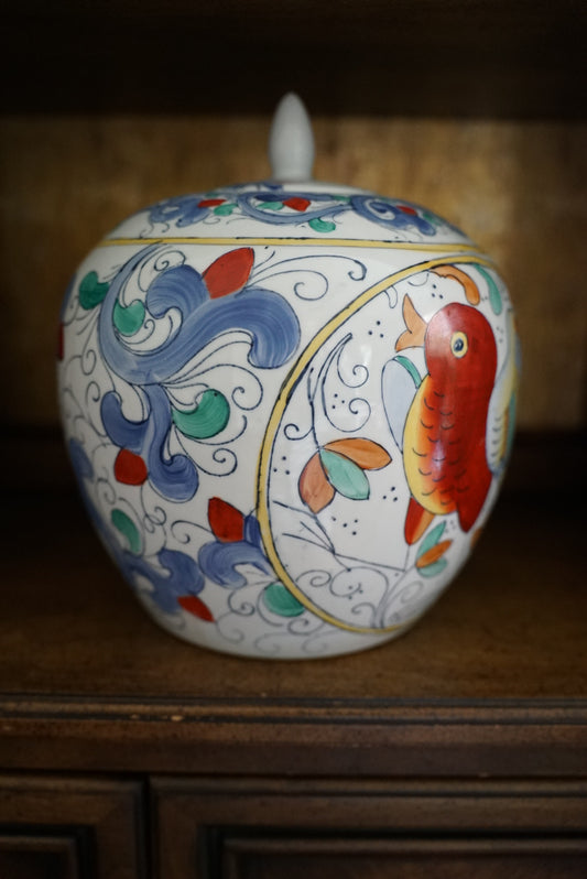 Large Vintage 5-Color Melon Jar with Song Bird and Floral Motif