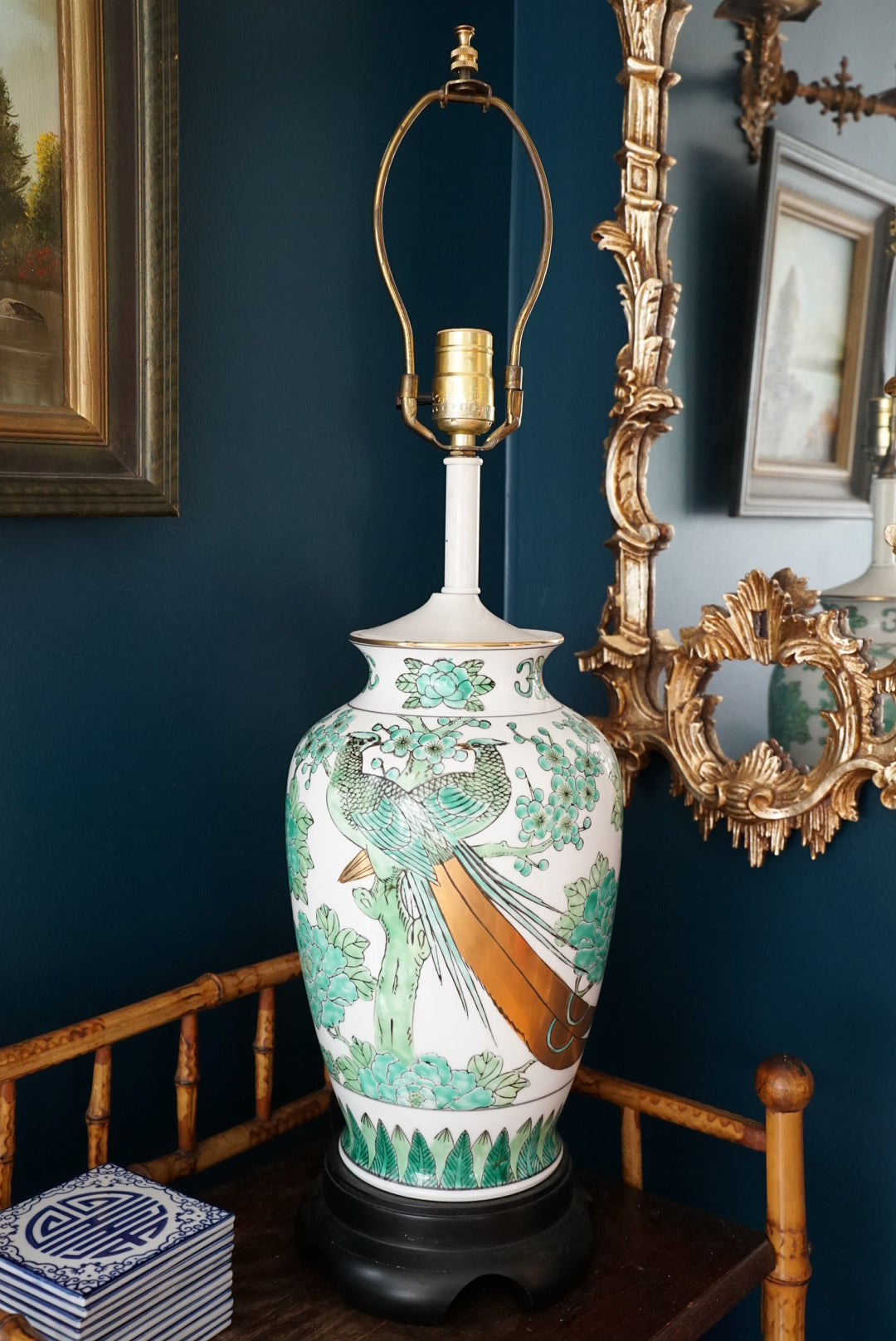 Large Green Gold Imari Lamp with Bell Shade