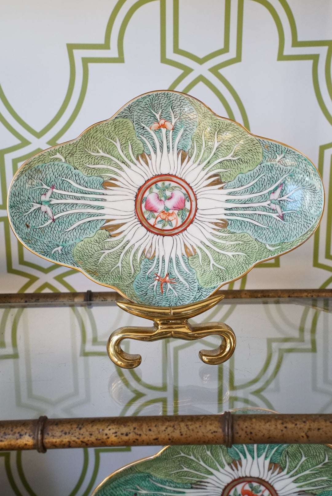 Vintage Famille Verte Bok Choy Quatrefoil Platter