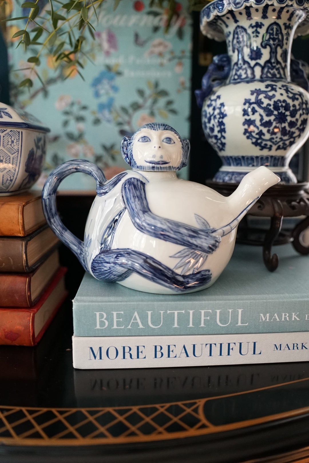 Vintage Blue and White Monkey Tea Pot