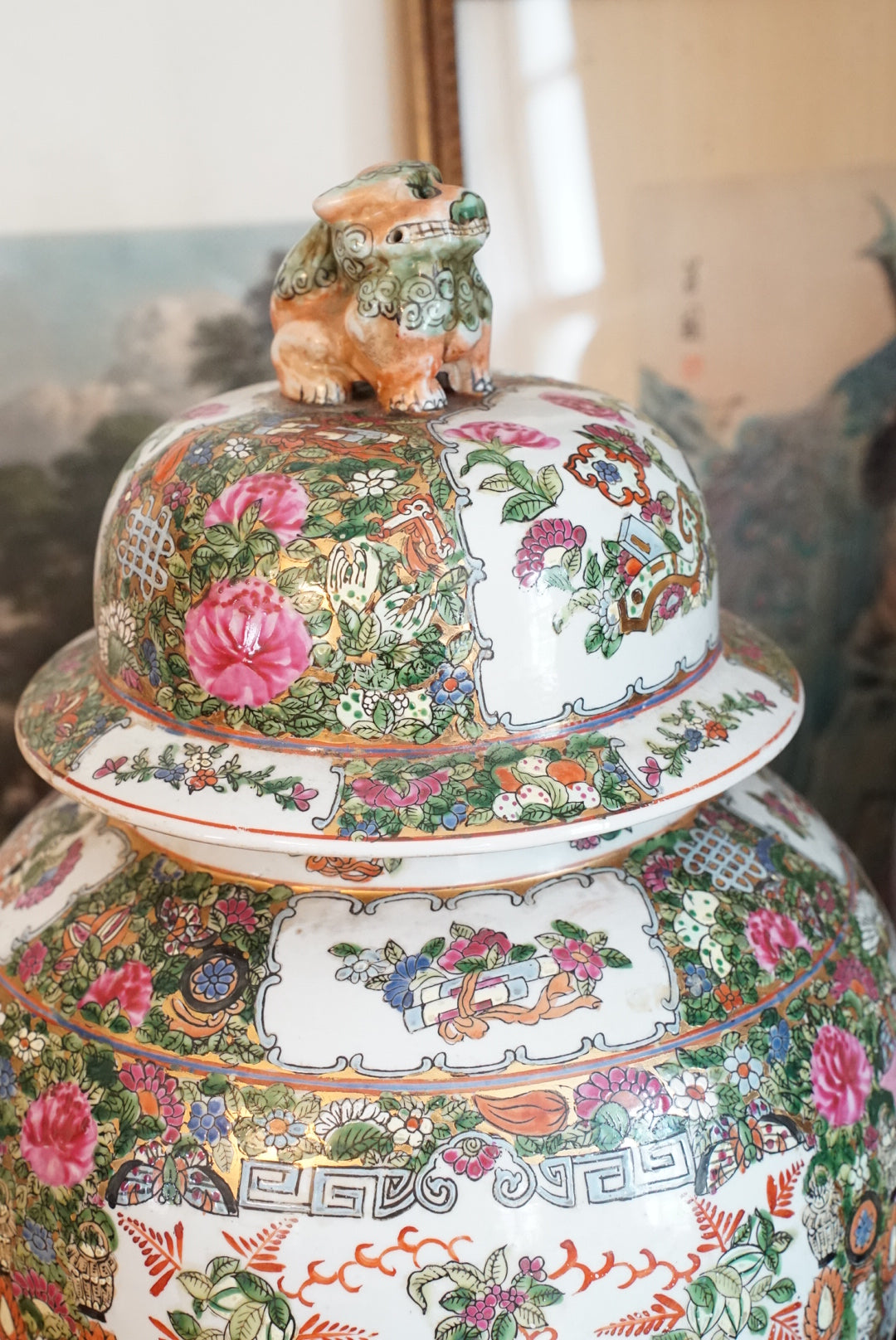 Pair of — XL Vintage Rose Medallion Temple Jar with Foo Dog Finial