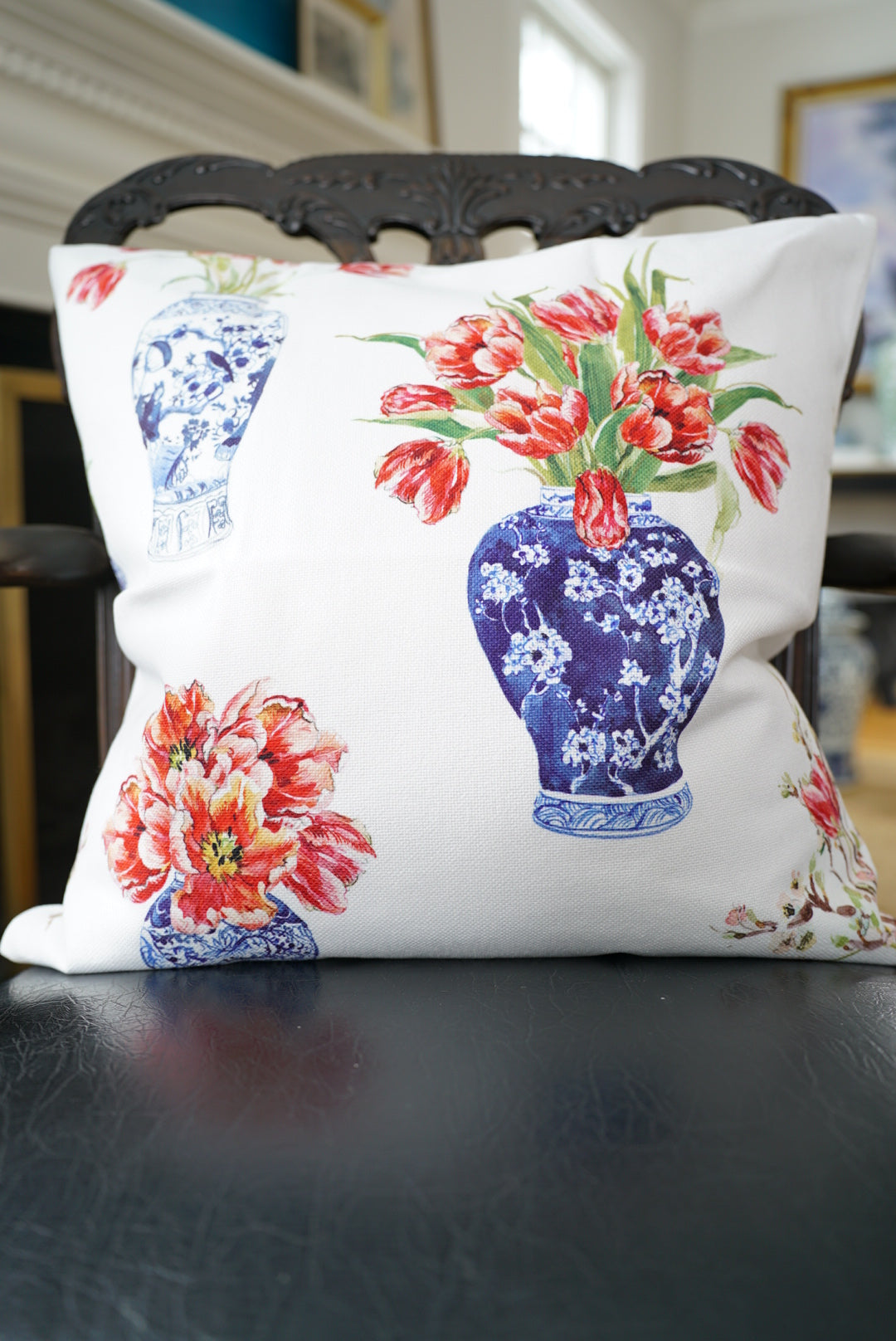 Tulips in Blue and White Decorative Pillow