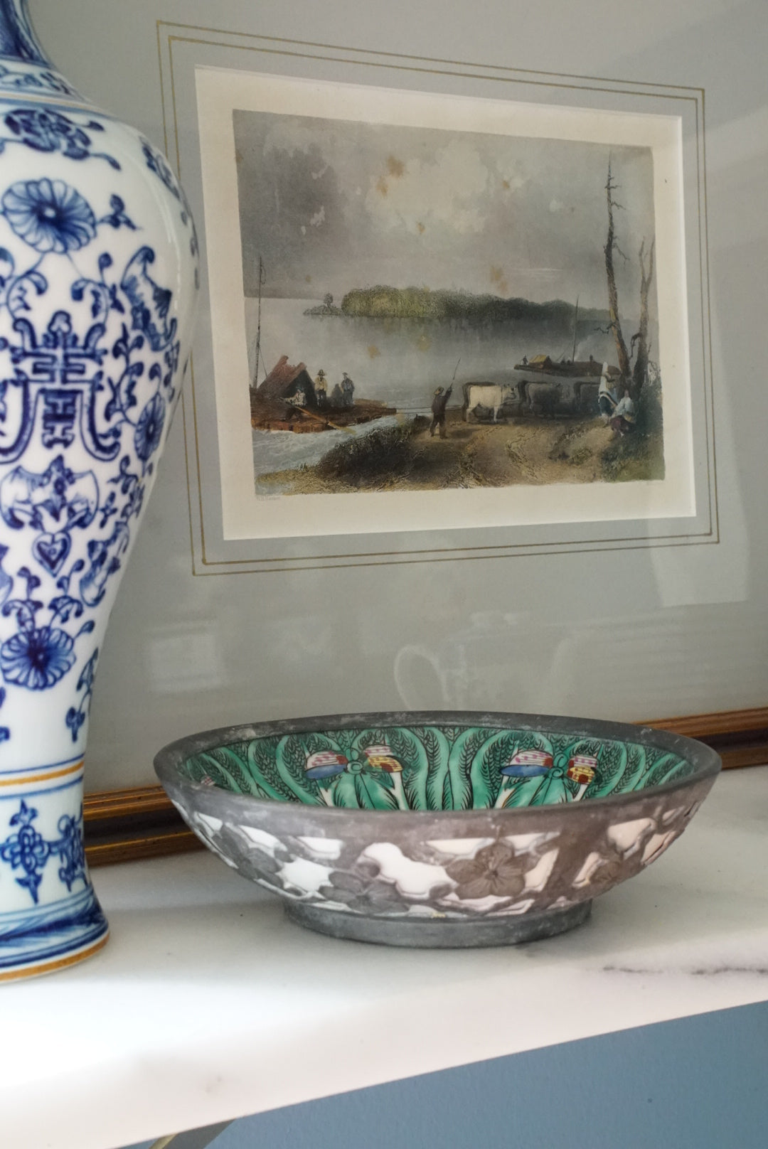 Vintage Famille Verte Bok Choy Plate with Cherry Blossom Encasing