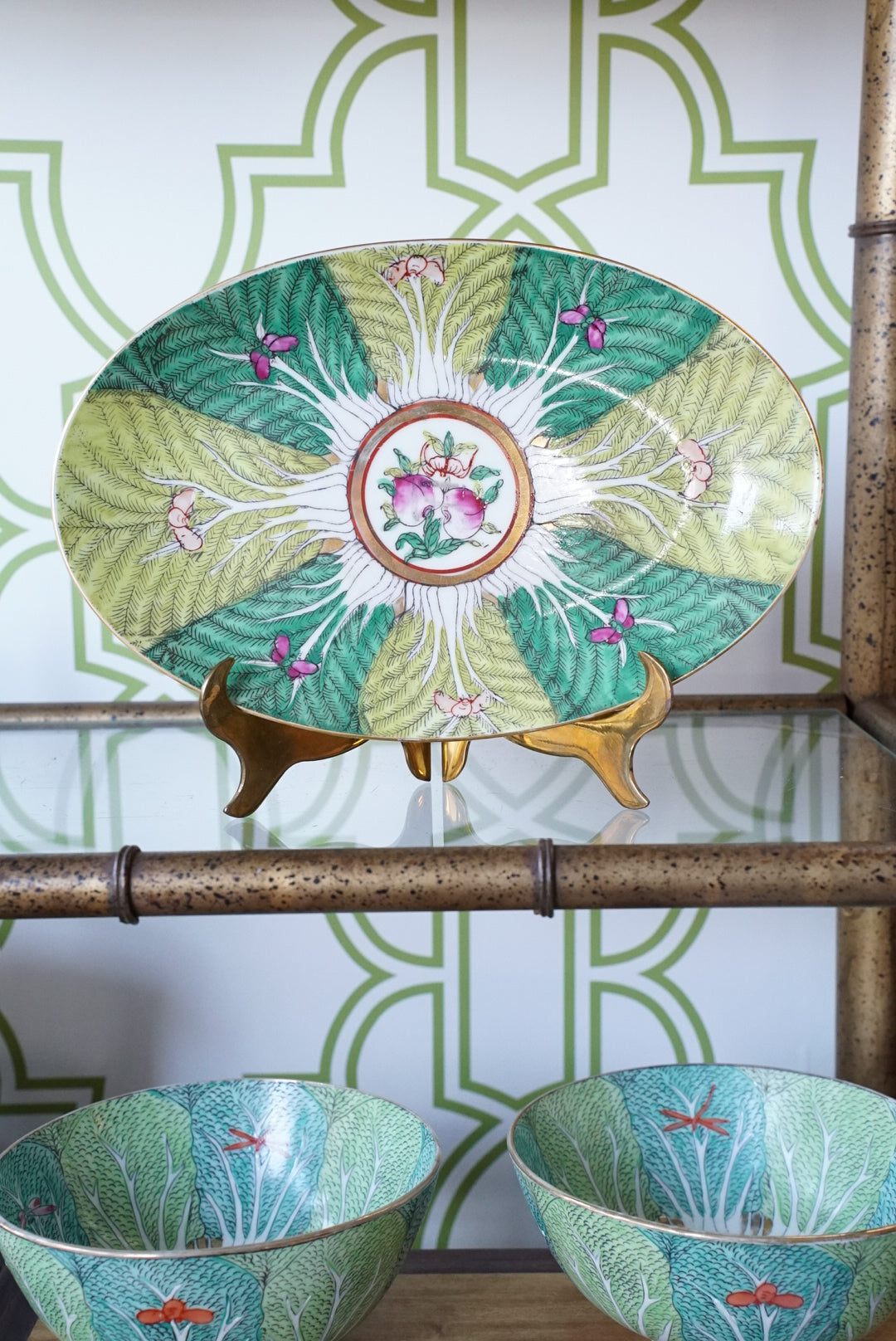 Vintage Famille Verte Bok Choy Oval Platter