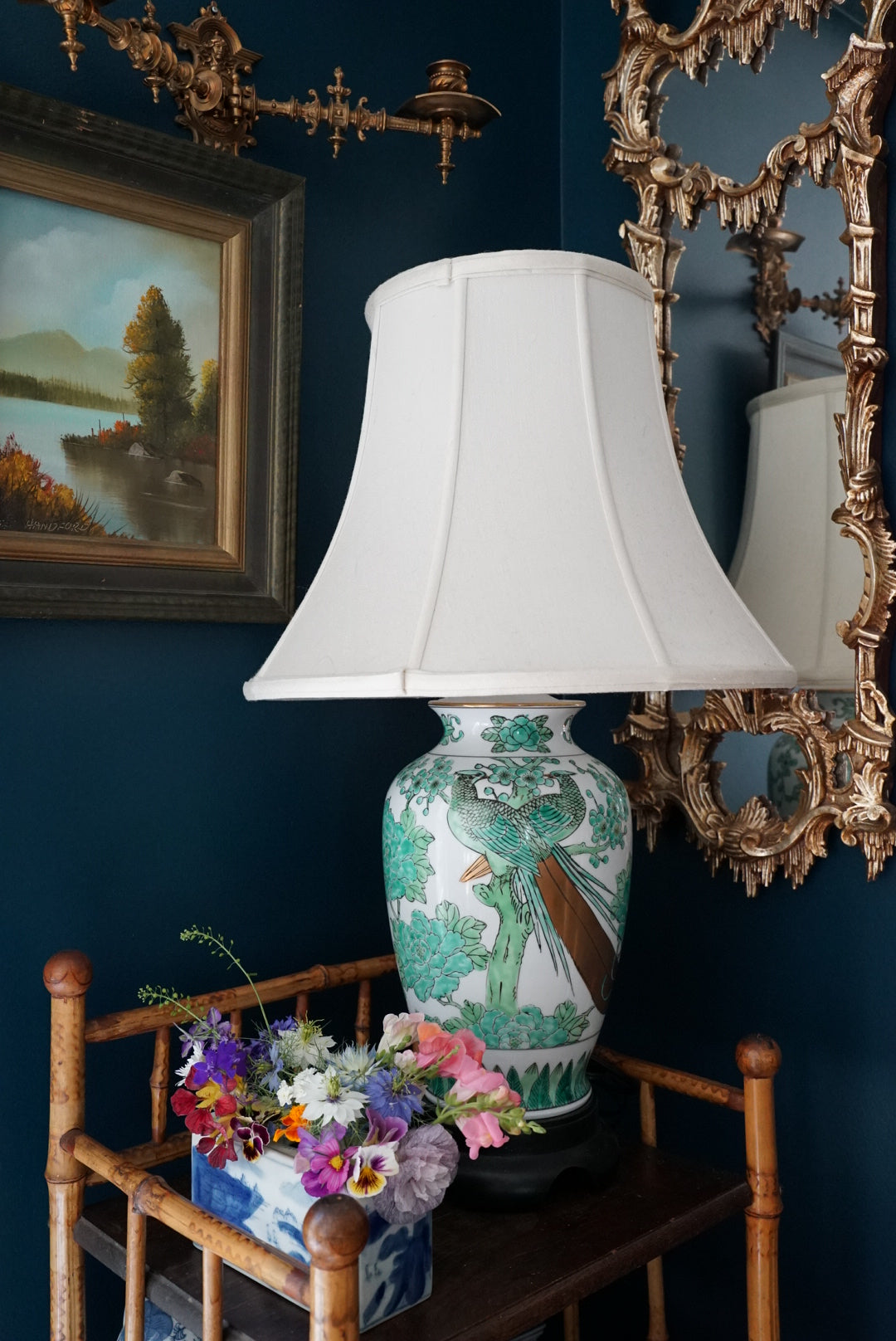 Large Green Gold Imari Lamp with Bell Shade