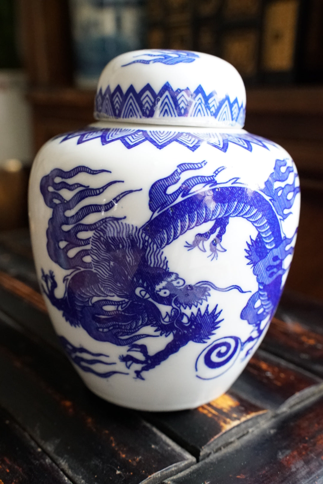 Vintage Blue & White Dragon Ginger Jar