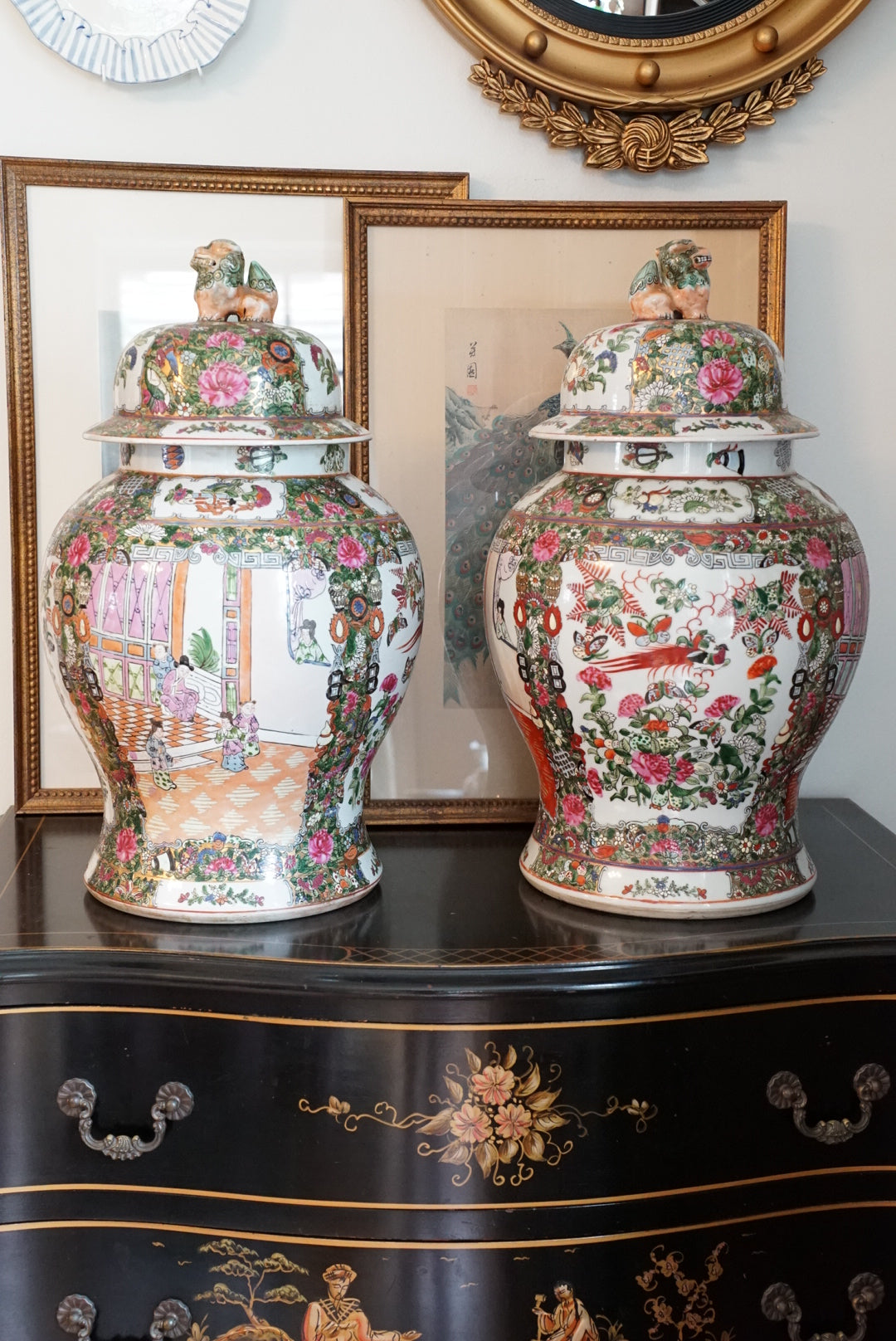 Pair of — XL Vintage Rose Medallion Temple Jar with Foo Dog Finial