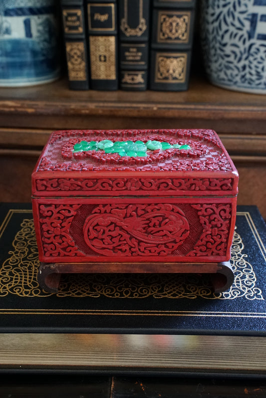 Vintage Carved Cinnabar and Jade Box with Wooden Stand