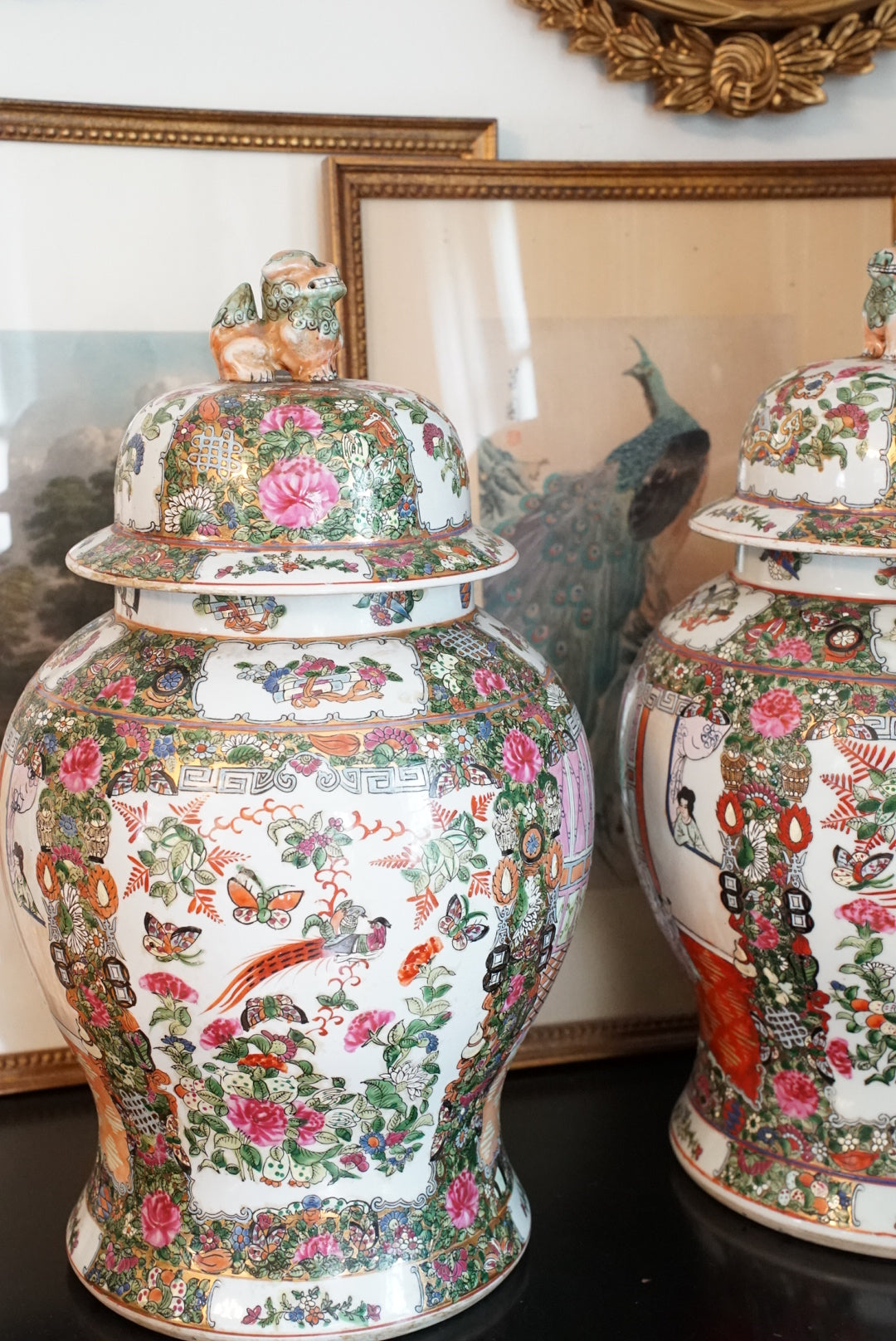 Pair of — XL Vintage Rose Medallion Temple Jar with Foo Dog Finial