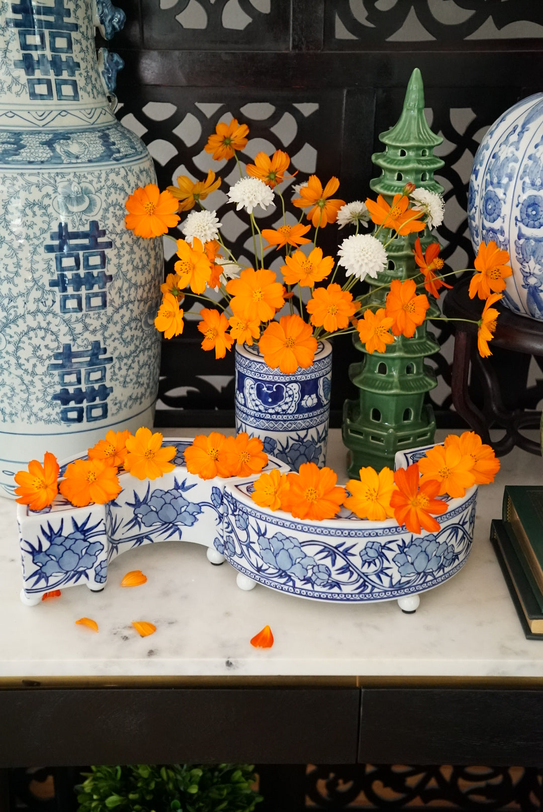 Blue and White Floral Arranger Set - 3 pc
