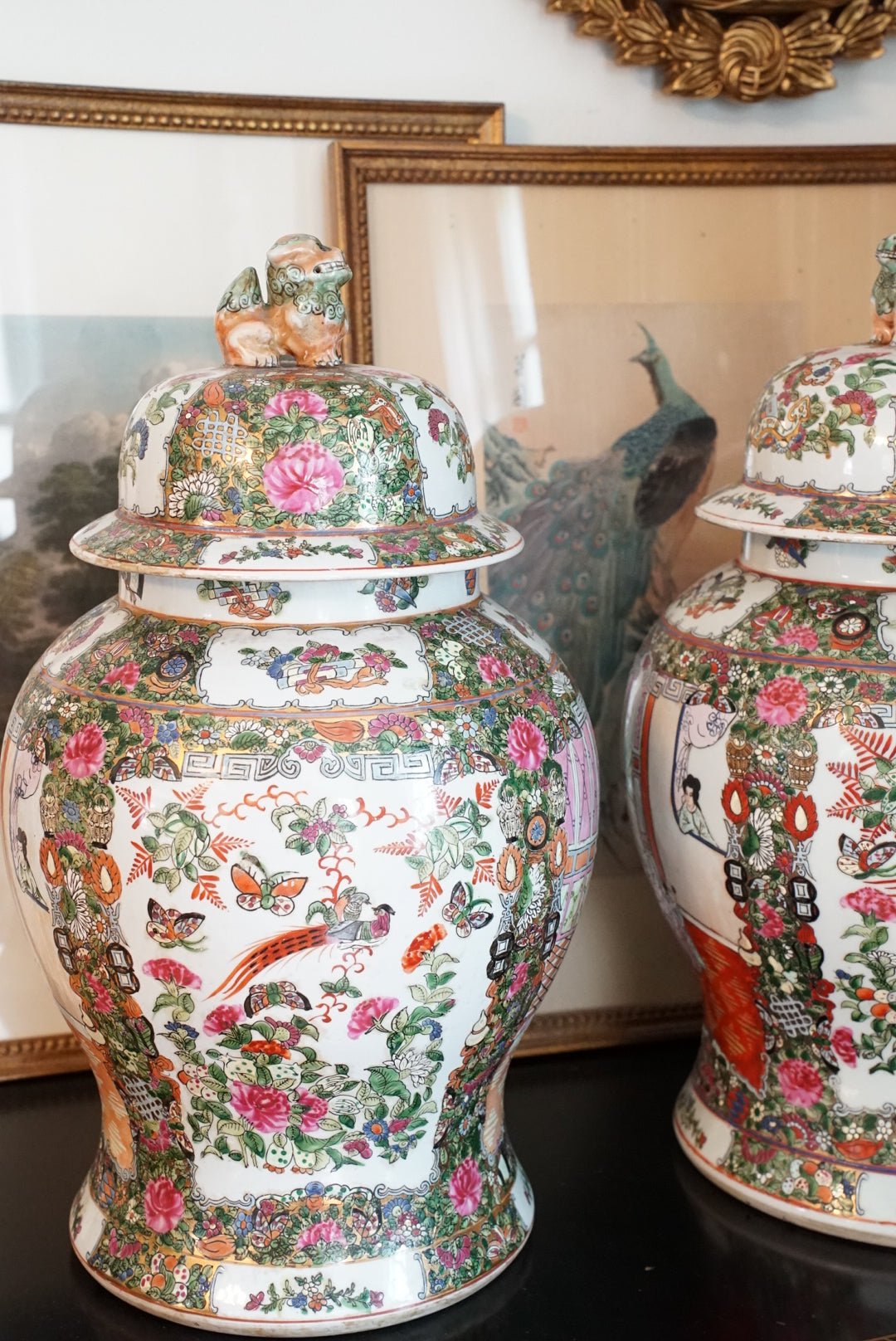 Pair of — XL Vintage Rose Medallion Temple Jar with Foo Dog Finial