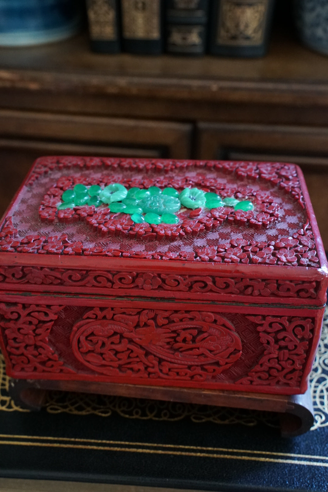 Vintage Carved Cinnabar and Jade Box with Wooden Stand