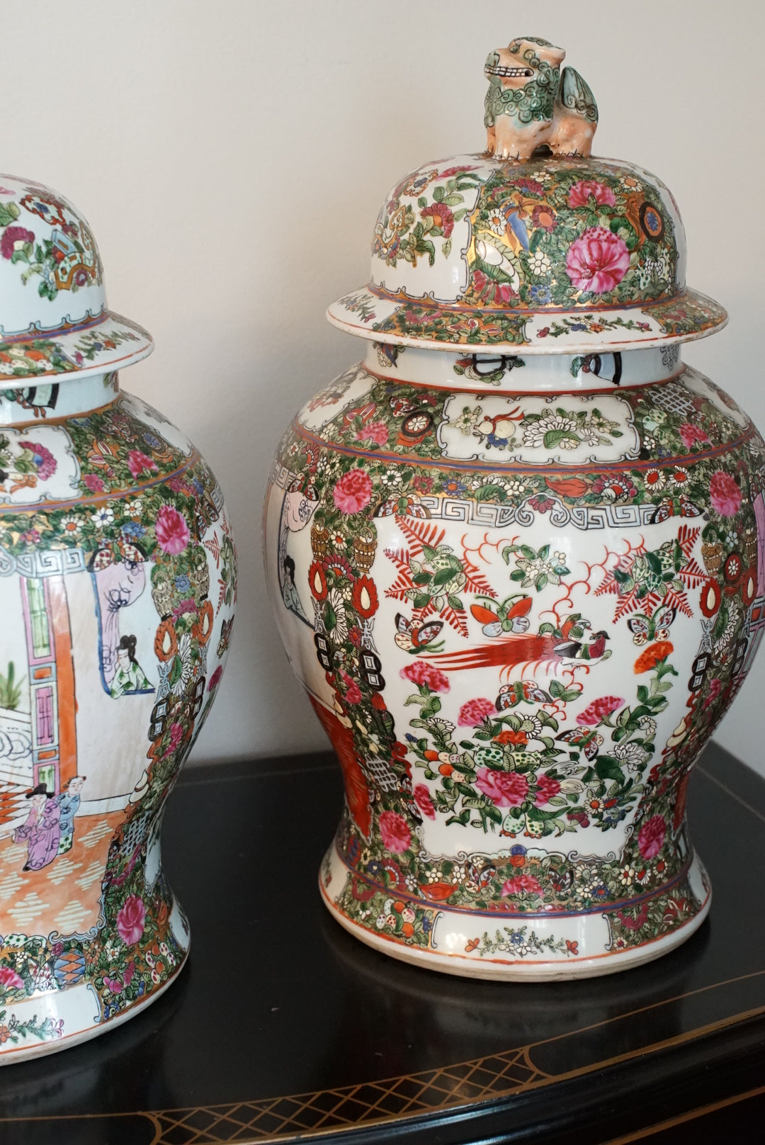 Pair of — XL Vintage Rose Medallion Temple Jar with Foo Dog Finial