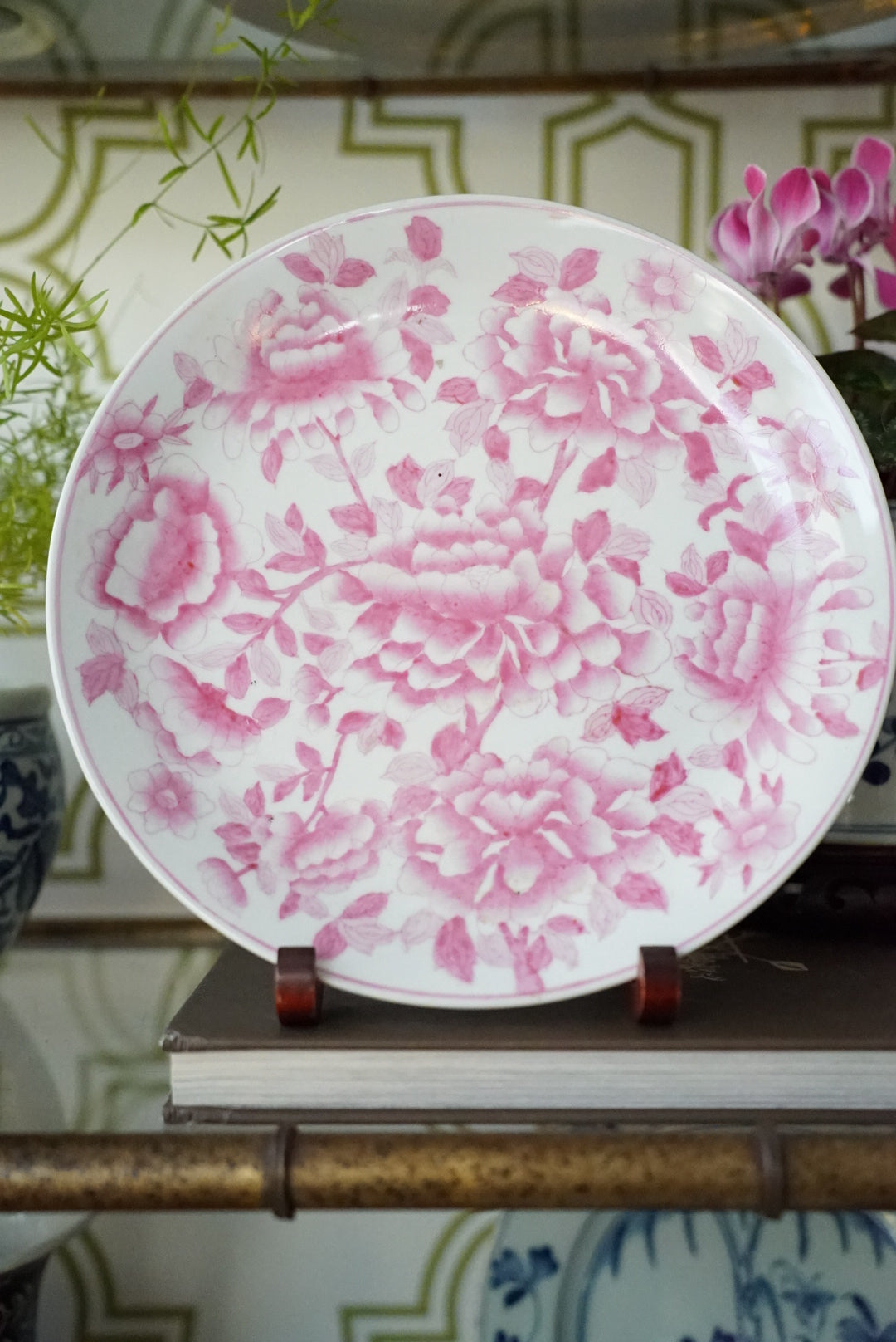 Vintage Pink and White Decorative Plate by Hua Rong Tang
