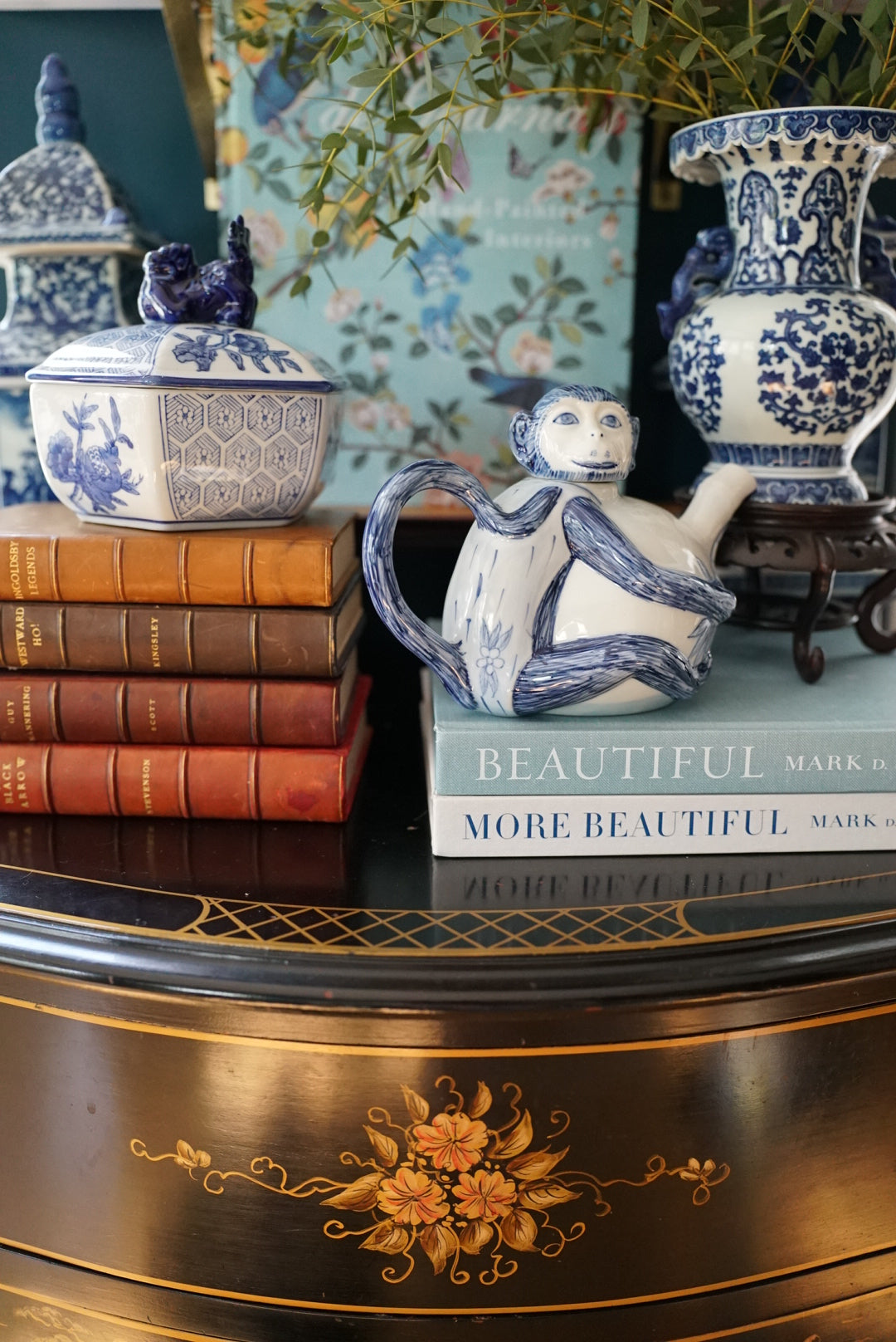 Vintage Blue and White Monkey Tea Pot