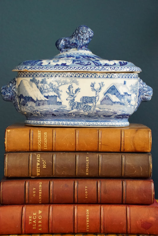 Antique Blue and White Transferware Sauce Tureen with Lion Finial