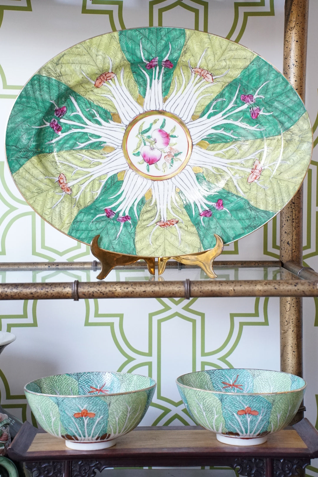 Vintage Famille Verte Bok Choy Oval Platter