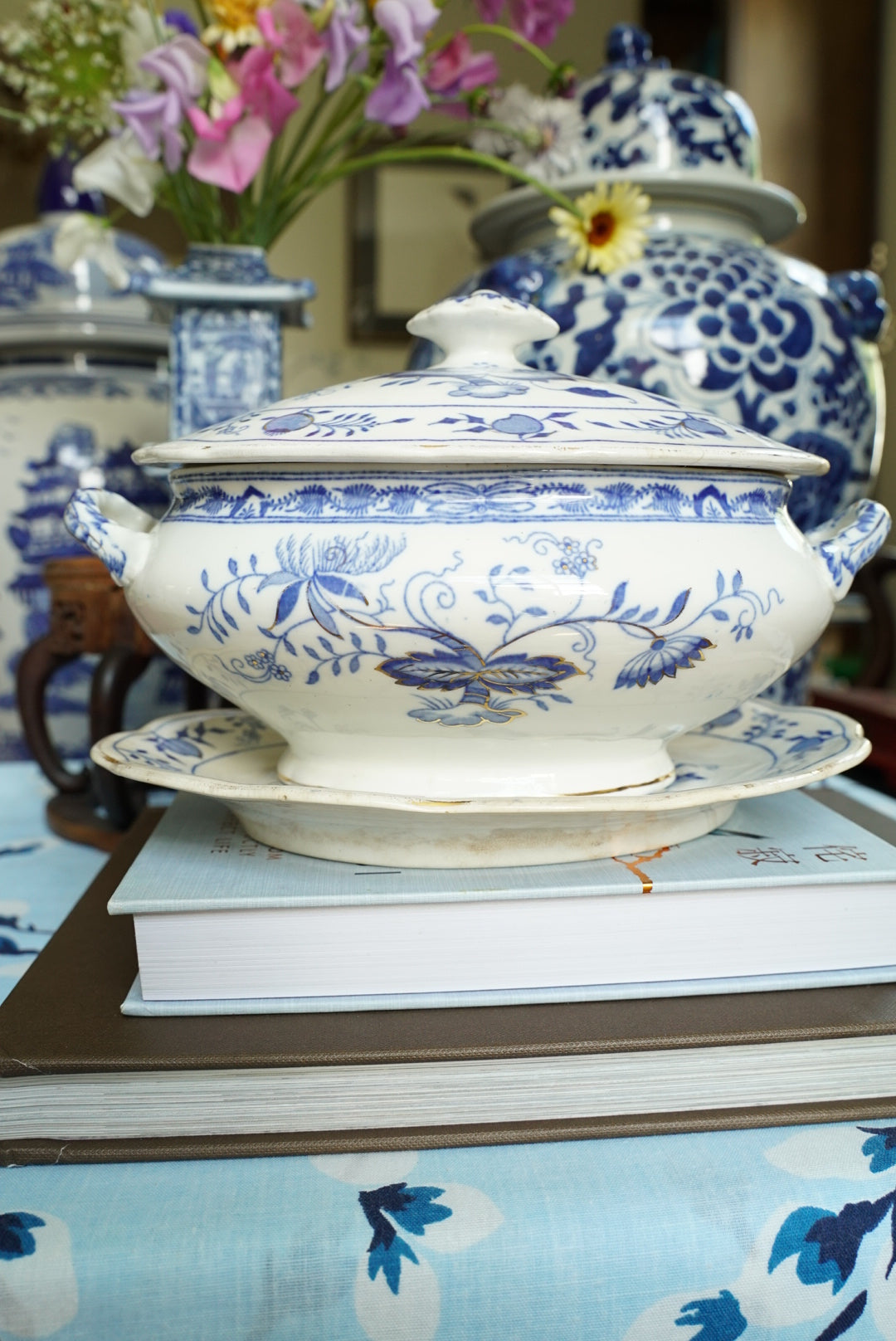 Antique Grimwades Carro Blue (Blue Onion)Tureen with Underplate