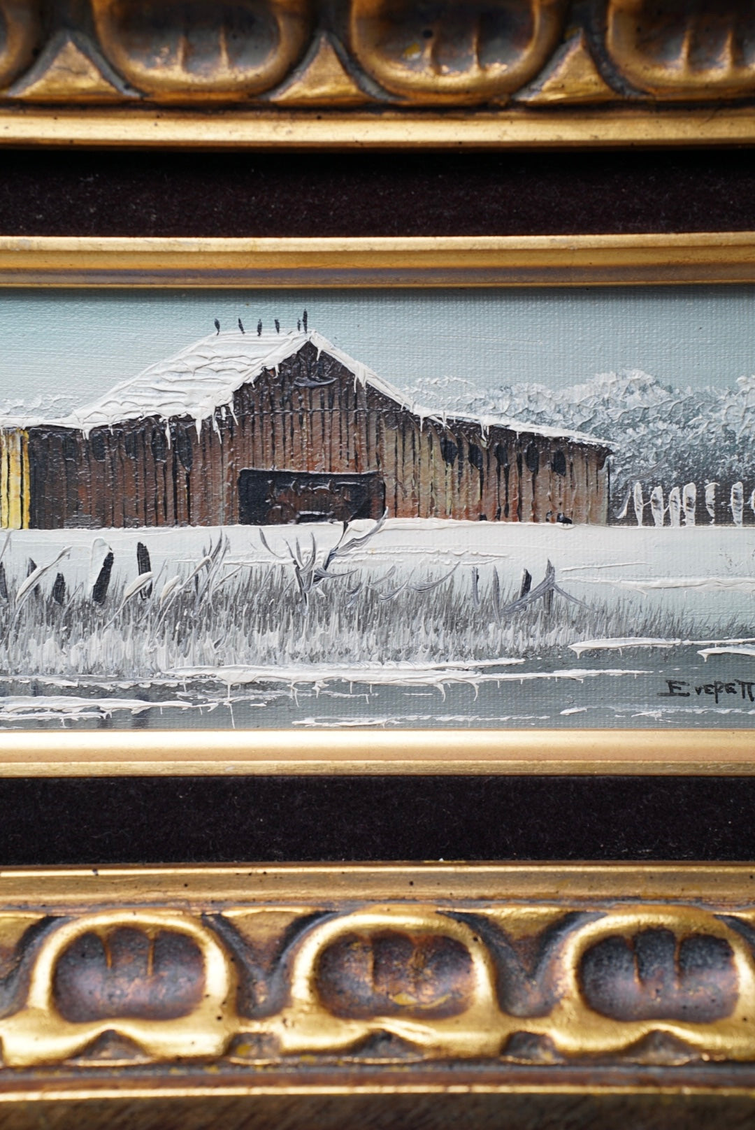 Oil on Board Winter Barn by Everette Woodson