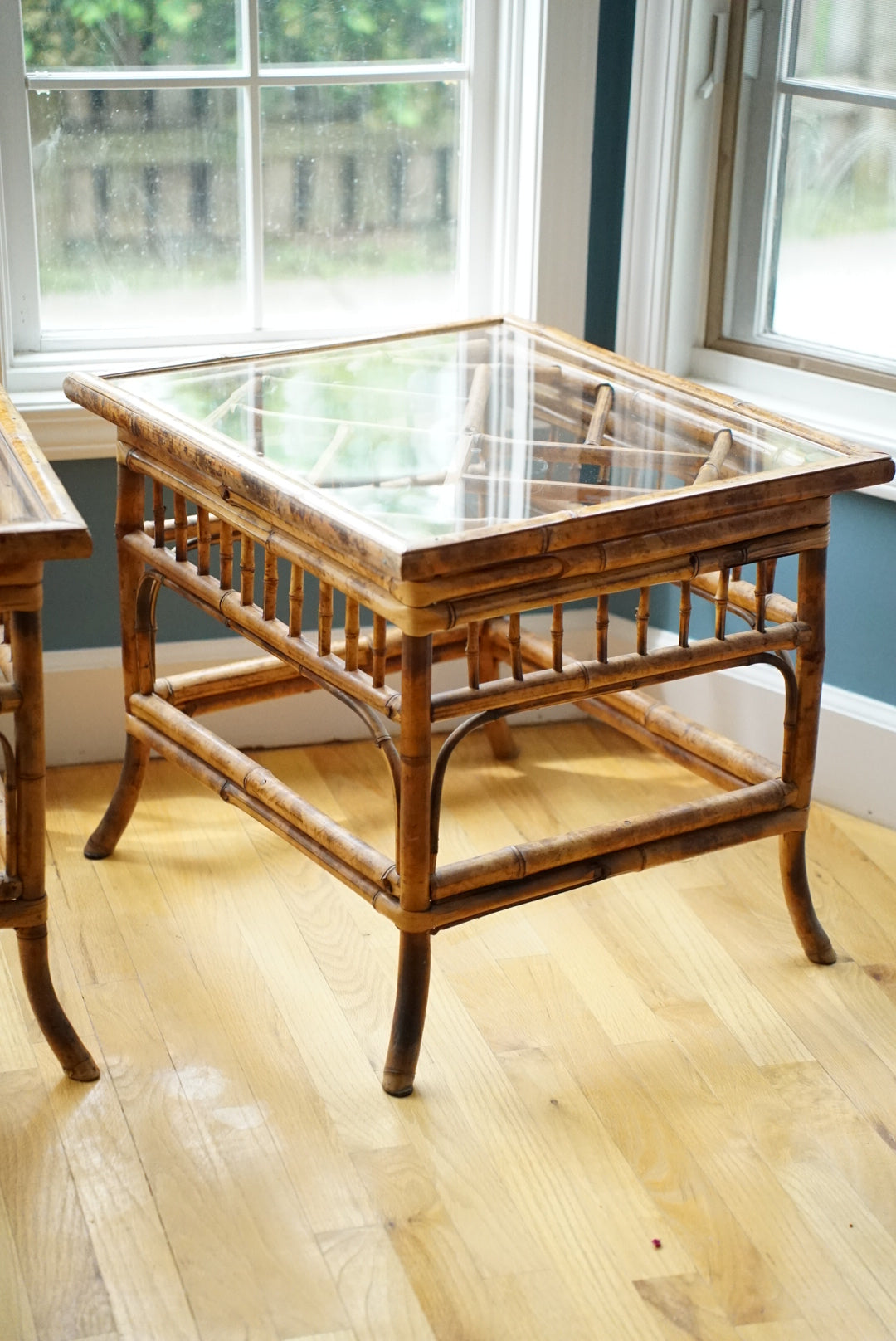 Vintage Tortoise Shell Burnt Bamboo Glass Side Table
