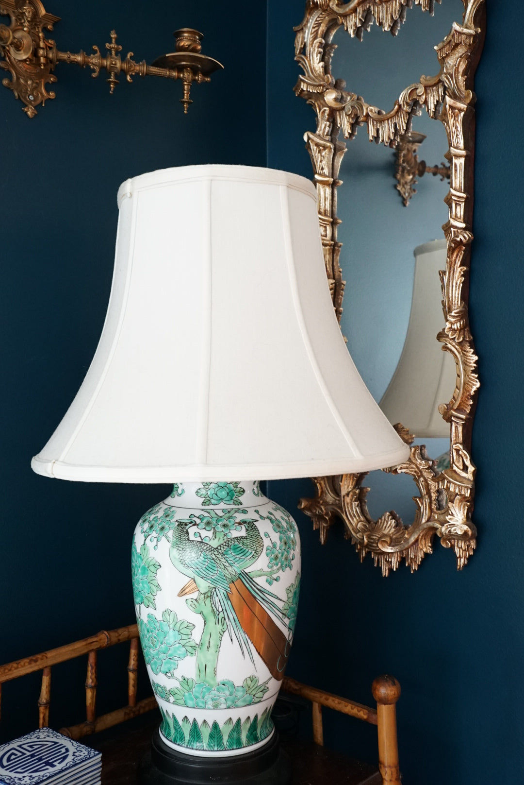 Large Green Gold Imari Lamp with Bell Shade
