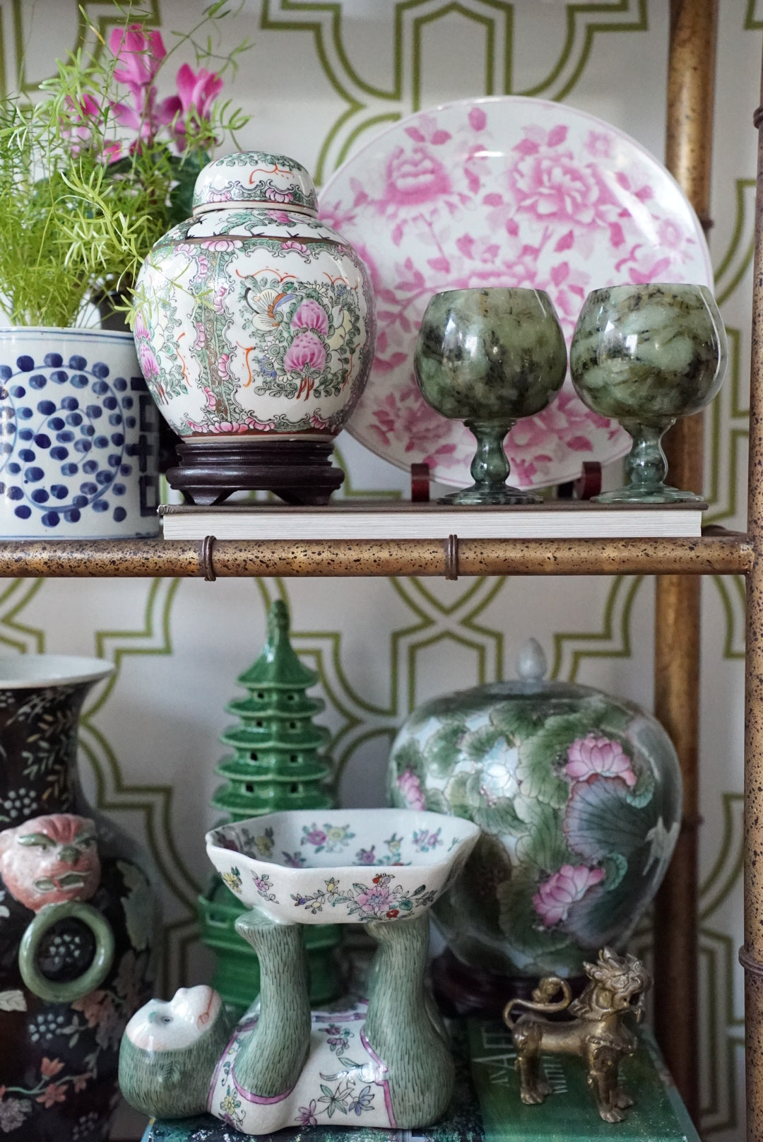 Pair of — Green Spinach Jade Goblets