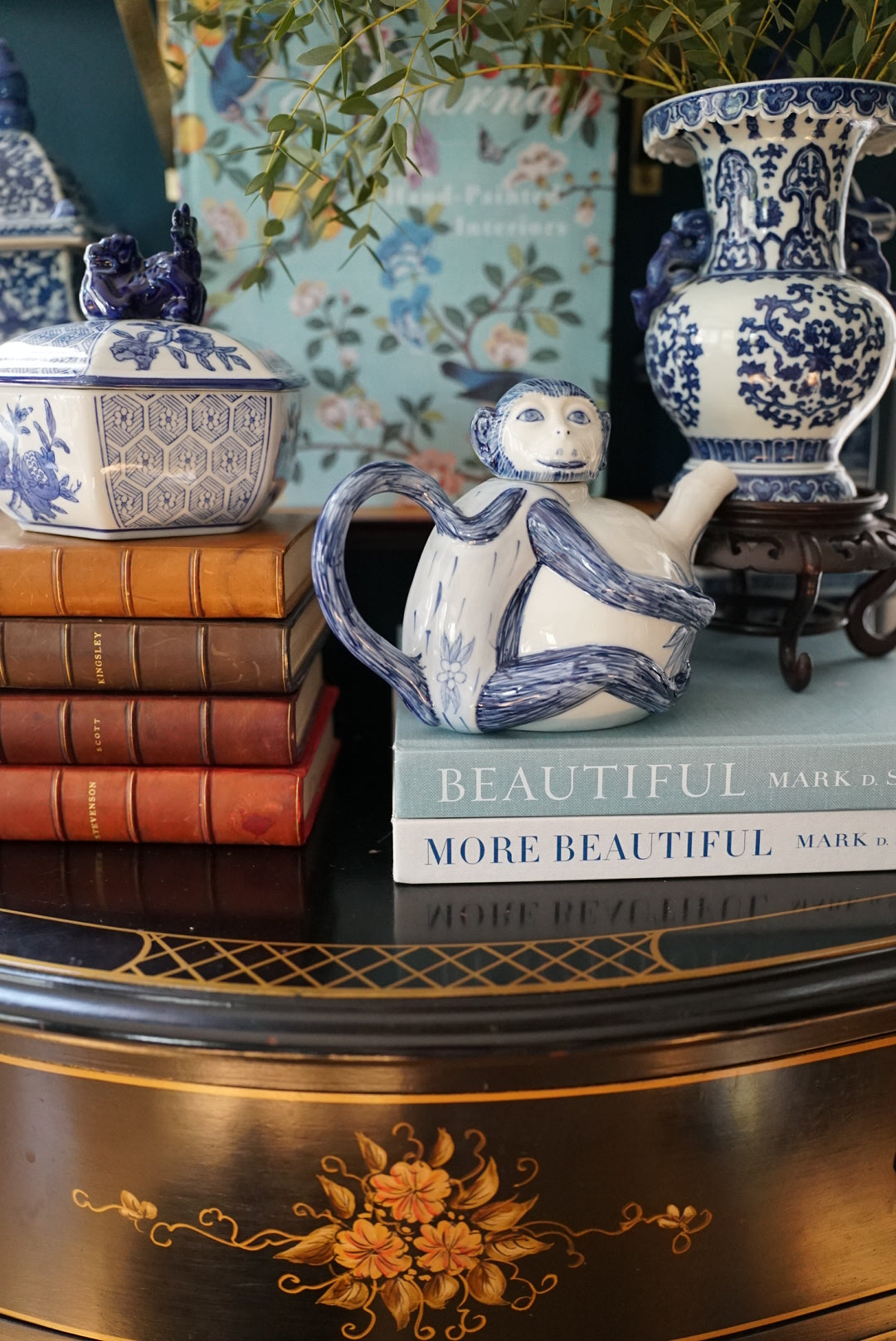 Vintage Blue and White Monkey Tea Pot