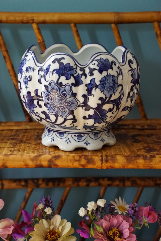 Vintage Scalloped Blue and White Cachepot