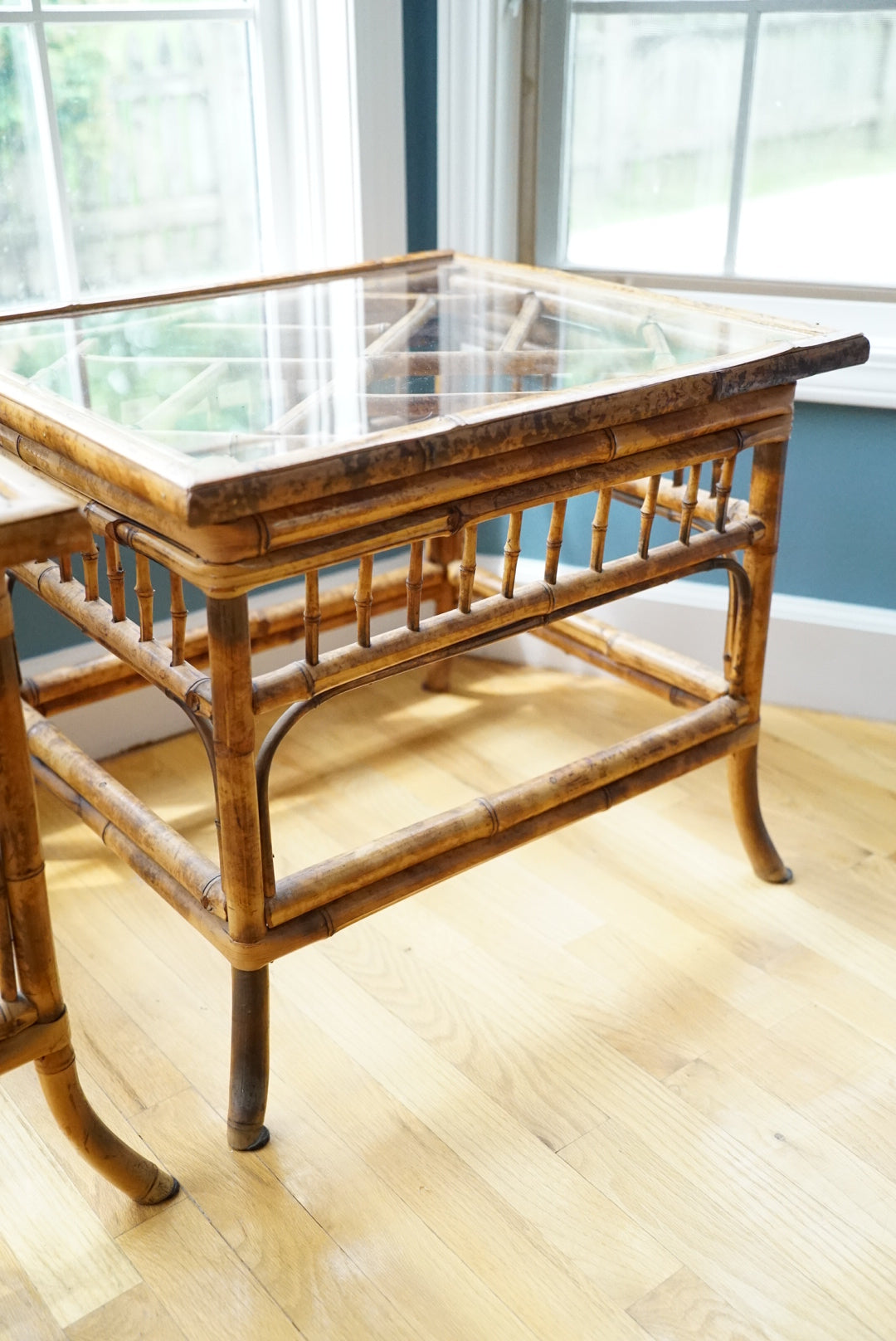 Vintage Tortoise Shell Burnt Bamboo Glass Side Table