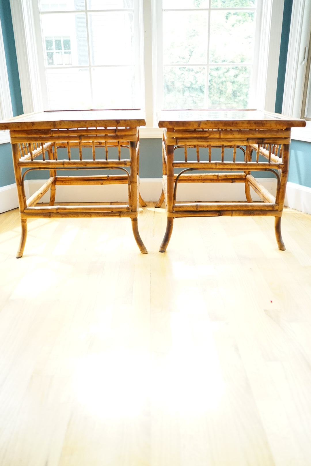 Vintage Tortoise Shell Burnt Bamboo Glass Side Table